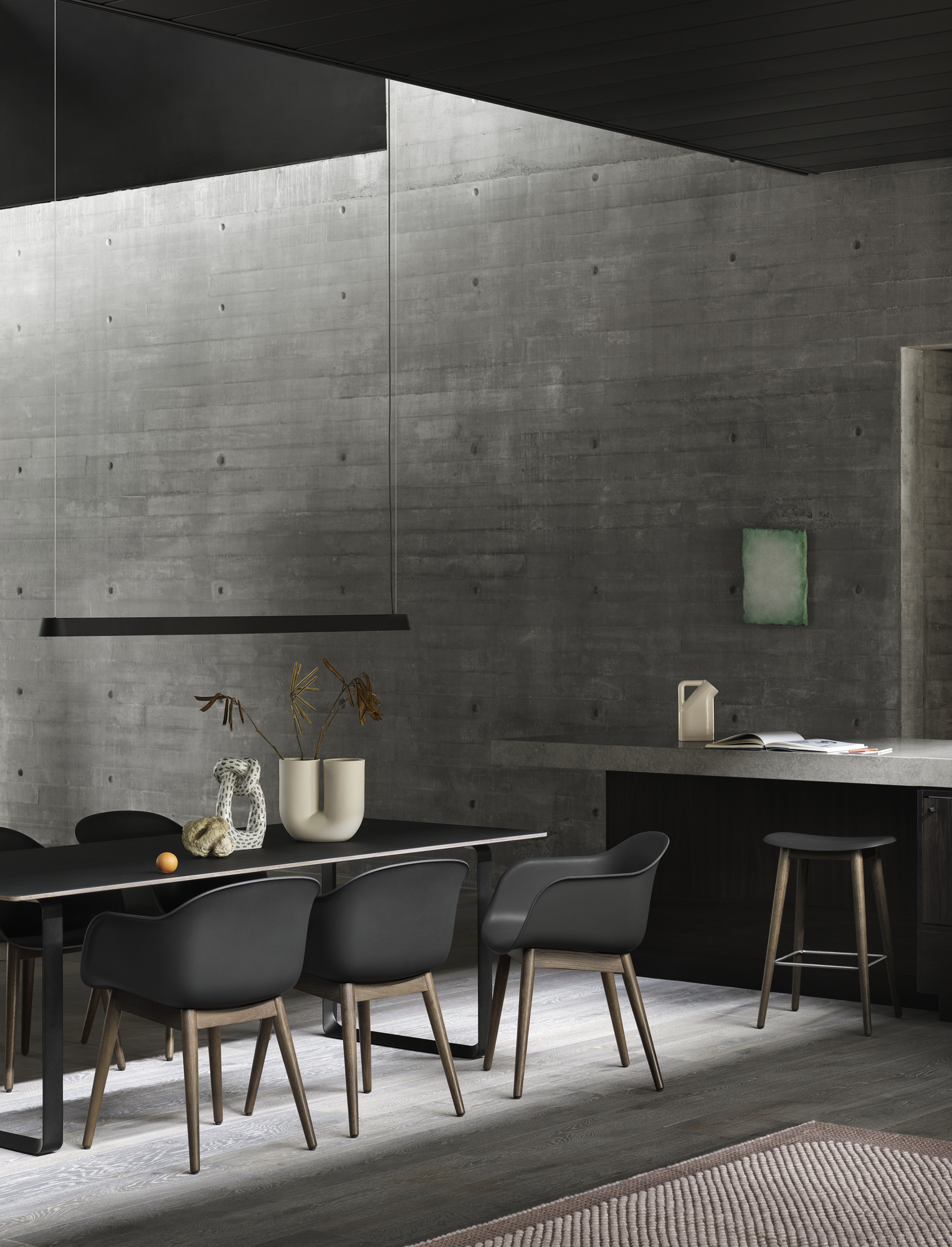 Linear Pendant Lamp 169 cm in Black, 70/70 Table in Black, Fiber Armchair w. Wood Base in Black/Stained Dark Brown, Fiber Counter Stool in Black/Stained Dark Brown