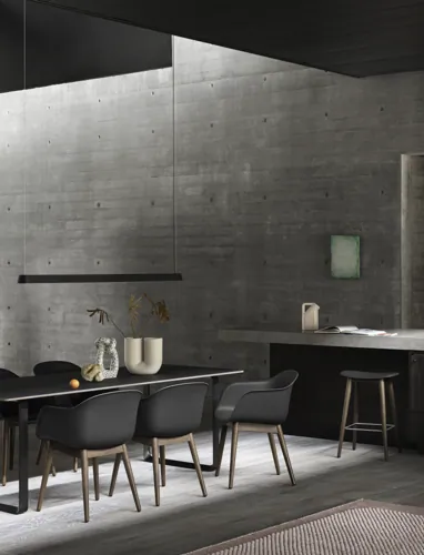 Linear Pendant Lamp 169 cm in Black, 70/70 Table in Black, Fiber Armchair w. Wood Base in Black/Stained Dark Brown, Fiber Counter Stool in Black/Stained Dark Brown