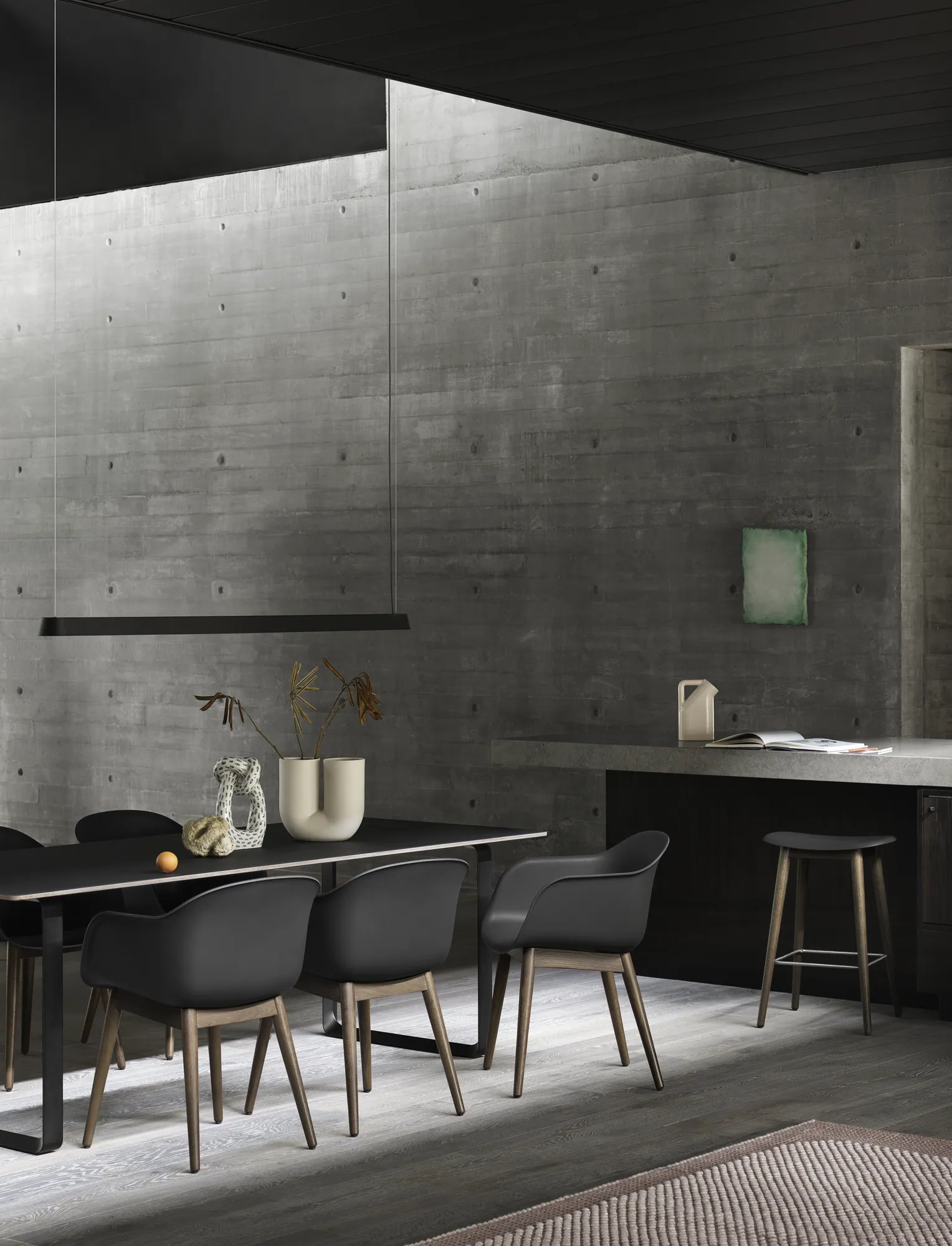 Linear Pendant Lamp 169 cm in Black, 70/70 Table in Black, Fiber Armchair w. Wood Base in Black/Stained Dark Brown, Fiber Counter Stool in Black/Stained Dark Brown