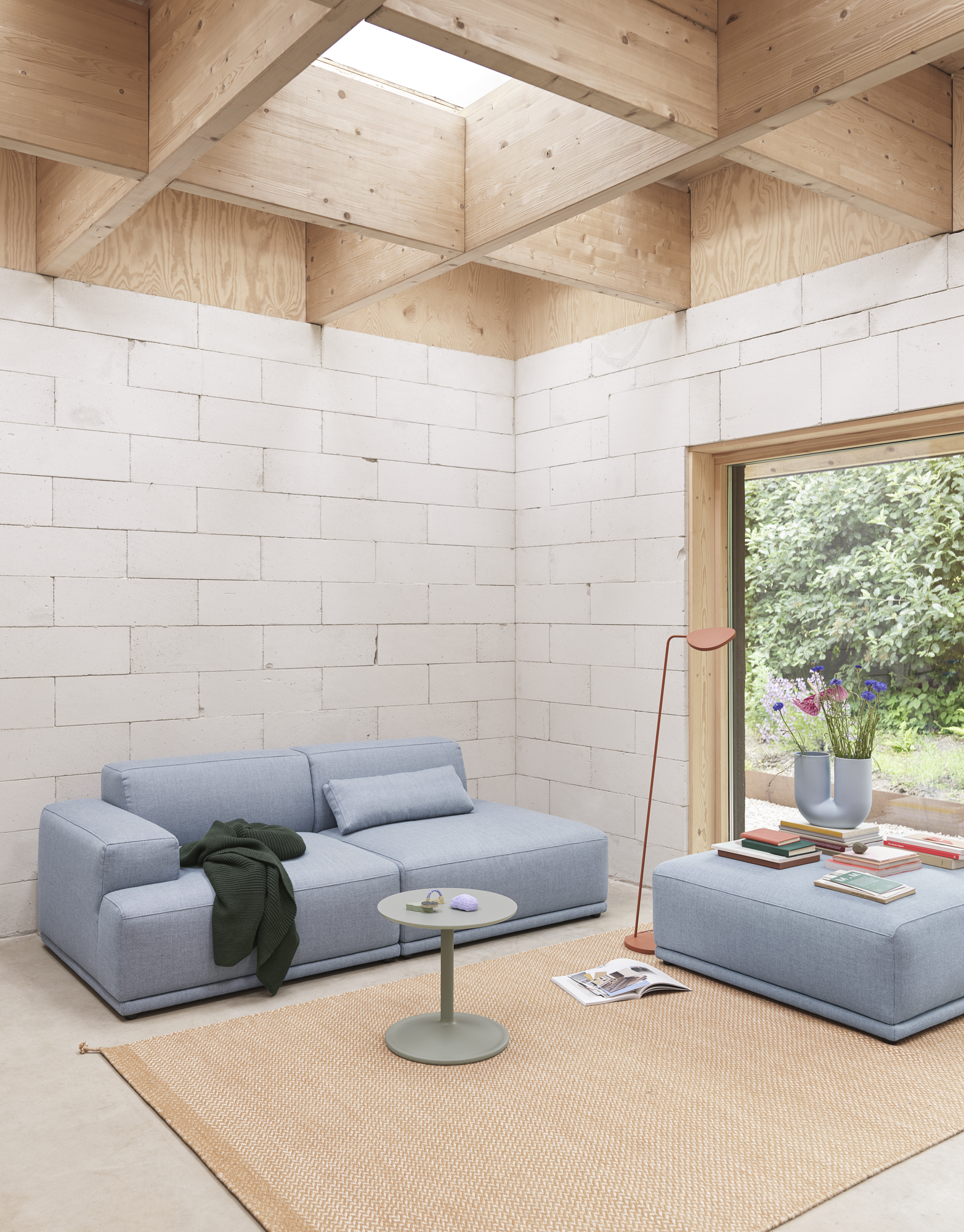 Connect Soft 2-Seater Configuration 2 + Module I Rewool 718, Soft Side Table Dusty Green, Leaf Floor Lamp, Ply Rug Burnt Orange 240x170 cm.