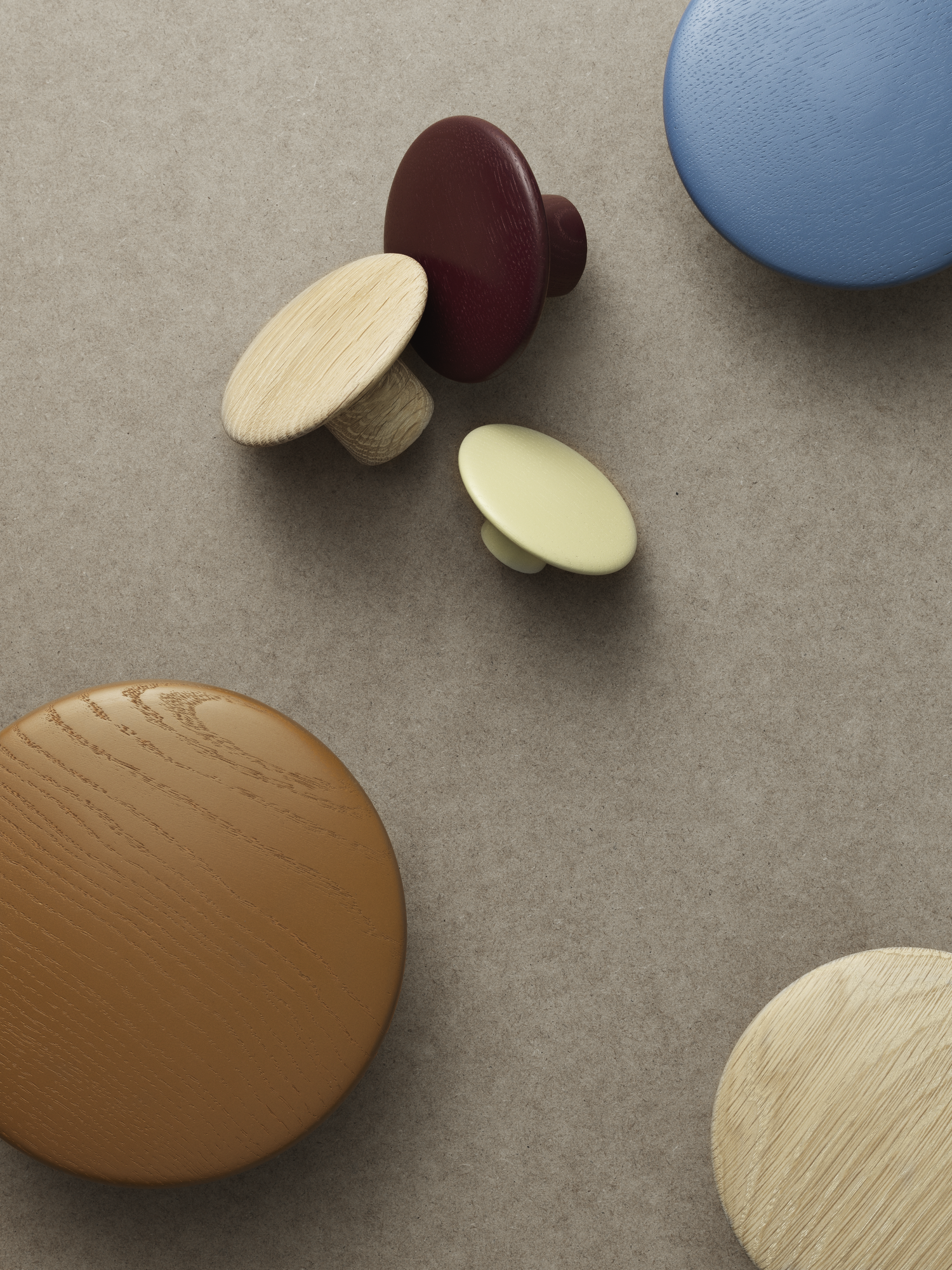 Dots Wood in Oak, Clay Brown, Beige-Green, Burgundy, Pale Blue