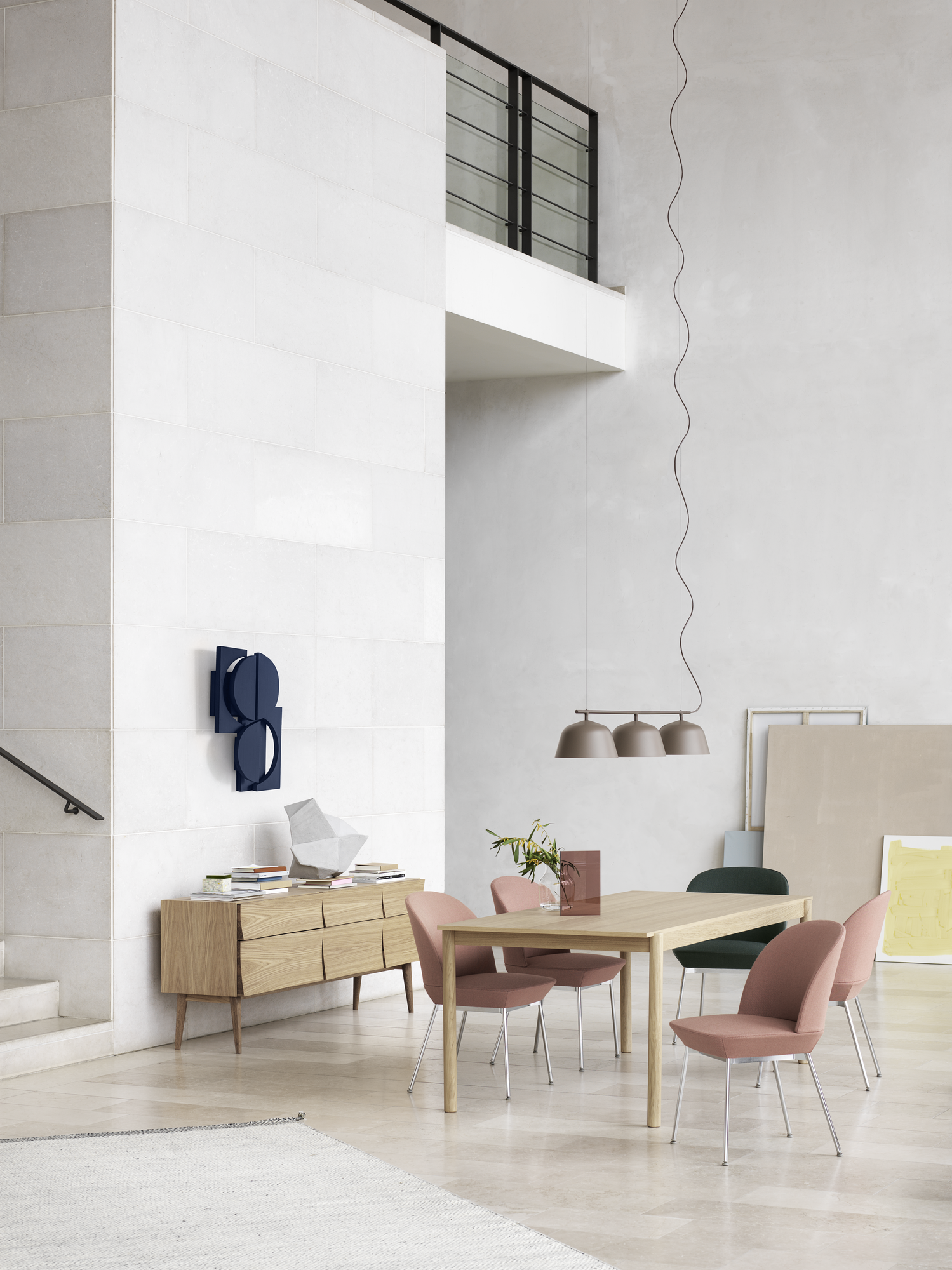 Reflect Sideboard, Oslo Side Chair - Twill Weave 530/Chrome, Oslo Side Chair - Twill Weave 990/Chrome,  Linear Wood Table 200 x 90 cm / 78.7 x 33.5, Ambit Rail Lamp - Taupe, Ply Rug - Off-White, Silent vase"