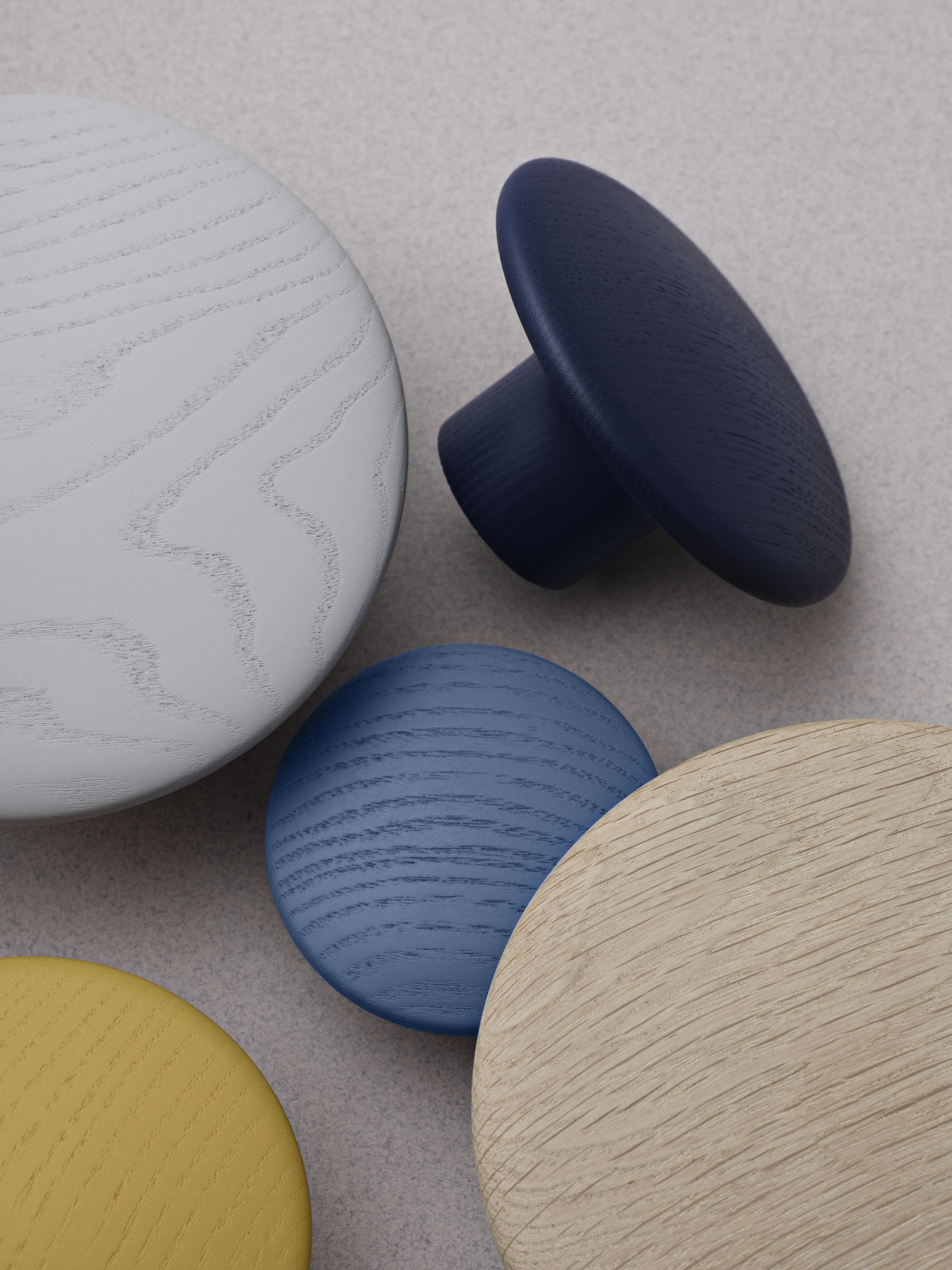 Dots Wood in Grey, Midnight Blue, Pale Blue, Mustard, Oak