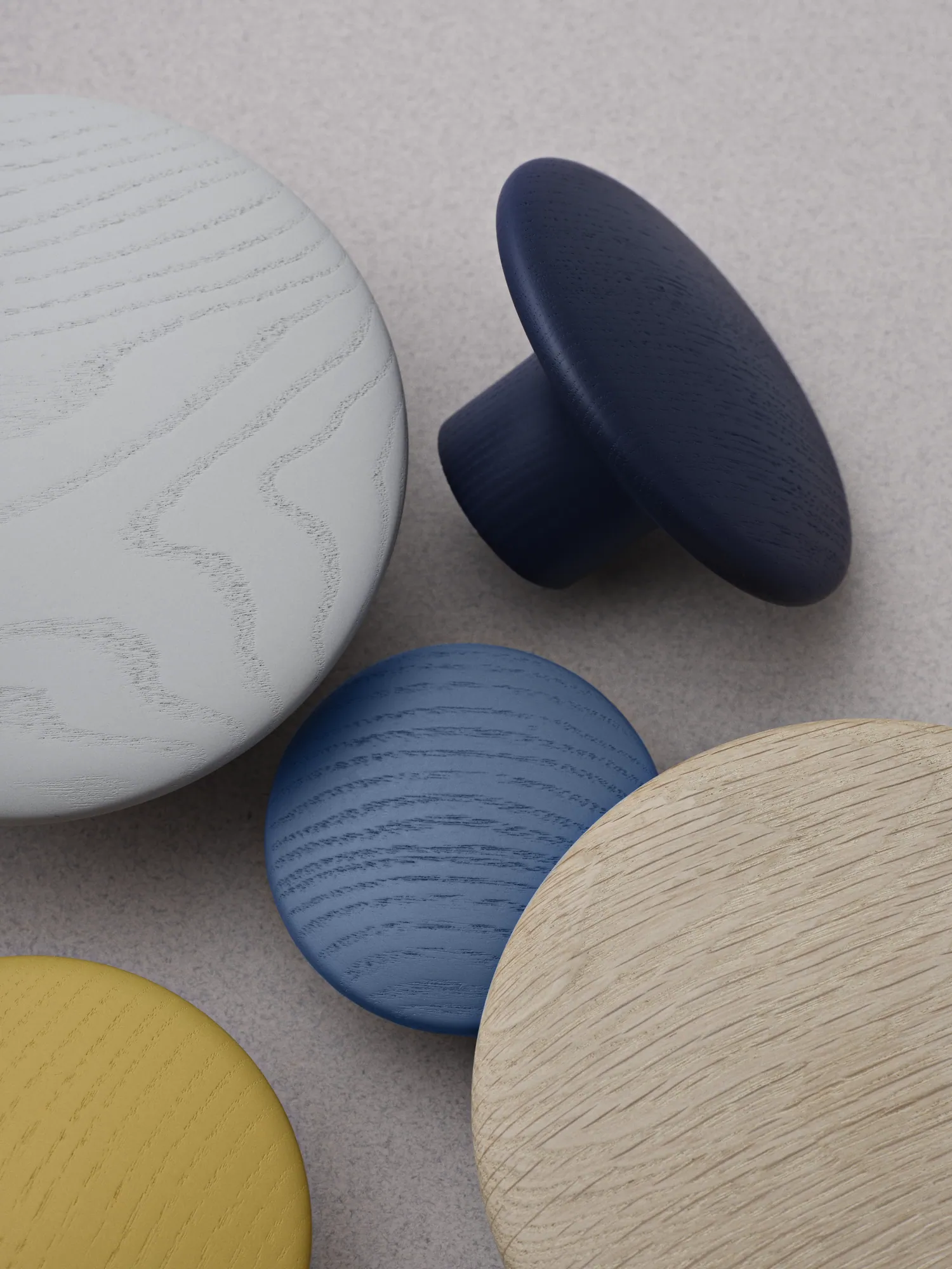 Dots Wood in Grey, Midnight Blue, Pale Blue, Mustard, Oak