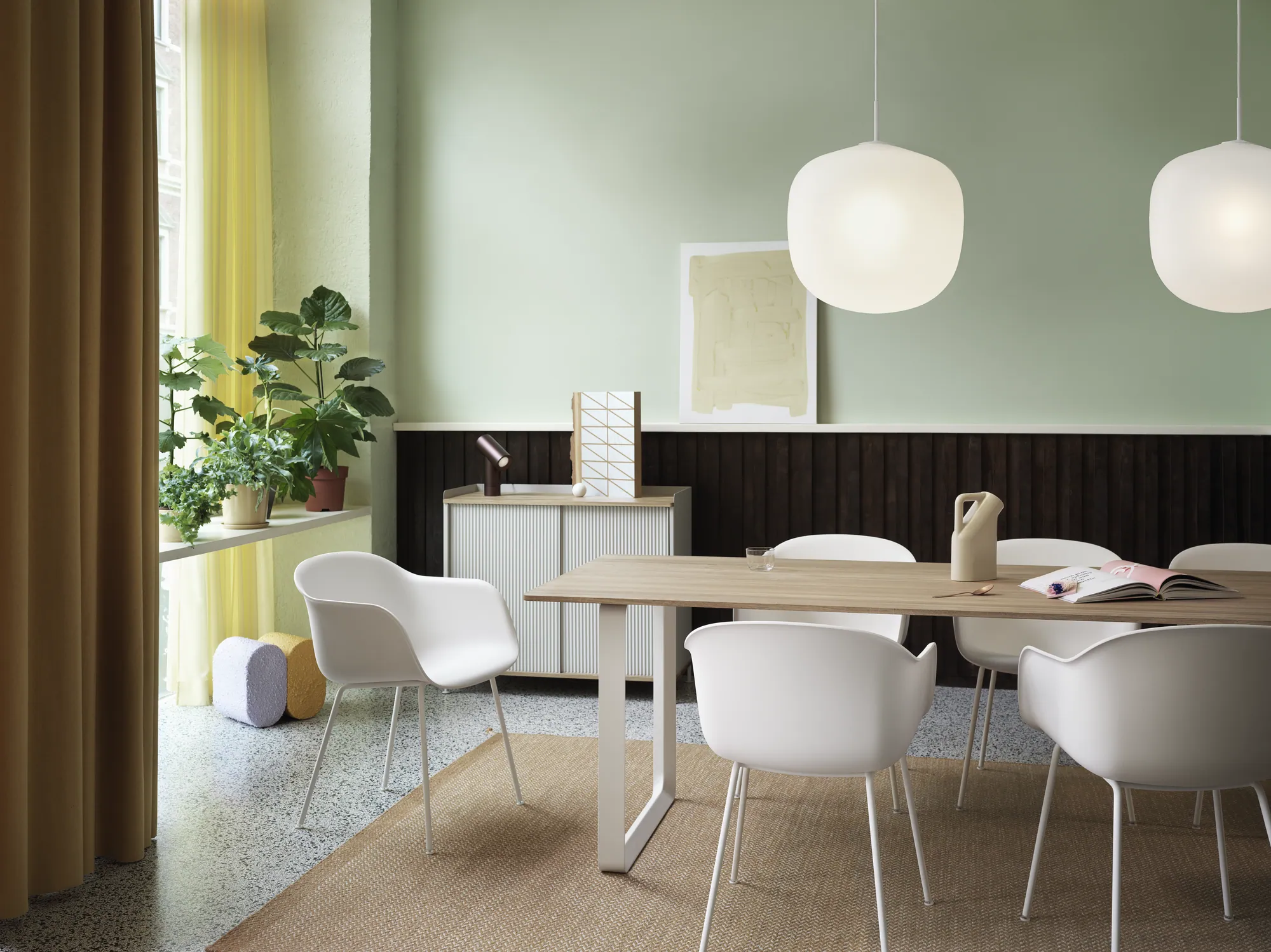 70/70 Table - Oak/Sand, Fiber Armchair Tube Base - Natural White/White, Beam Table Lamp - Umber, Ply Rug - Burnt Orange, Rime Pendant - White, Tub Jug - Sand, Enfold Sideboard - Oak/Grey