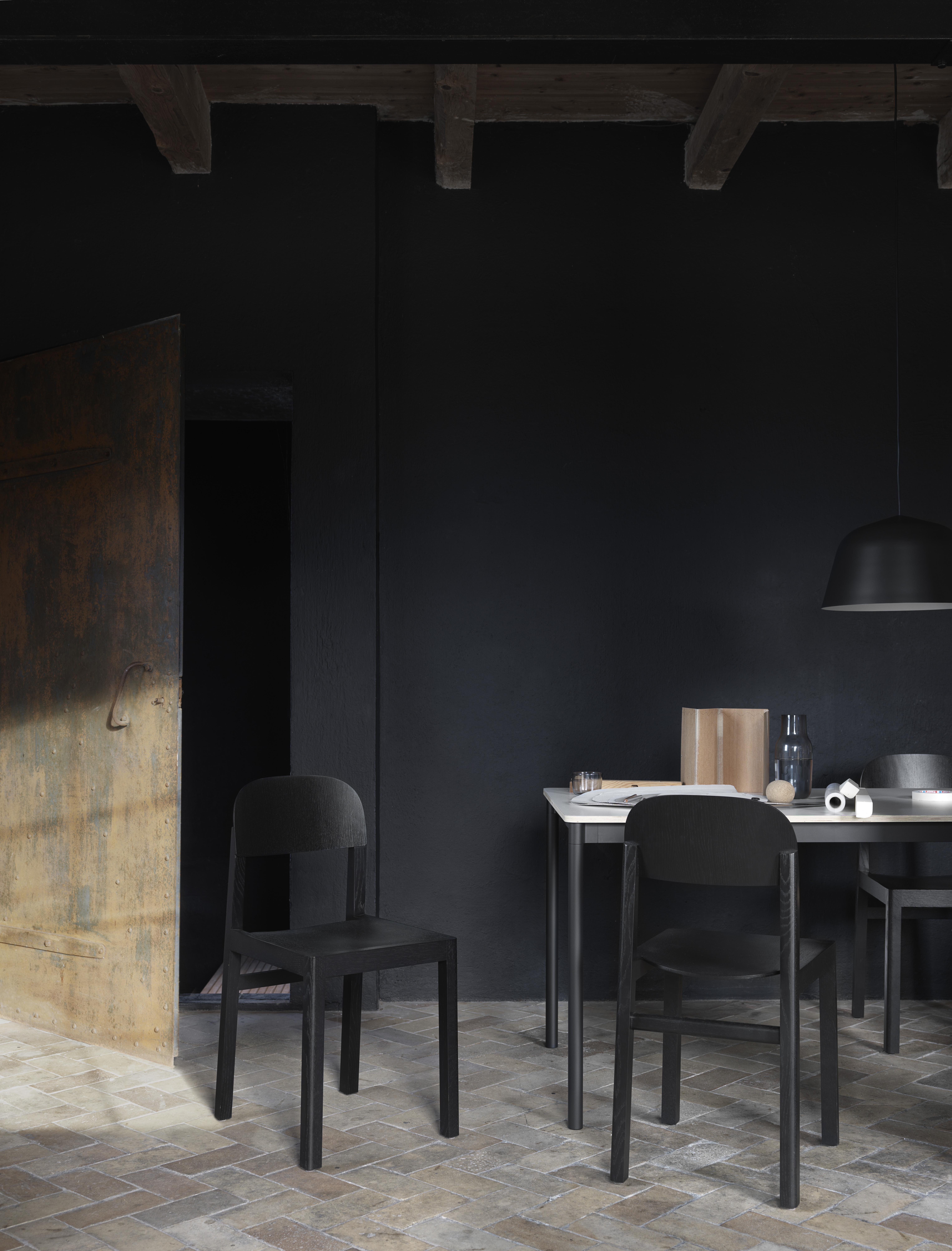 Workshop Chair - Black, Base Table - White/Black, Ambit Pendant Lamp (Ø40) - Black, Corky