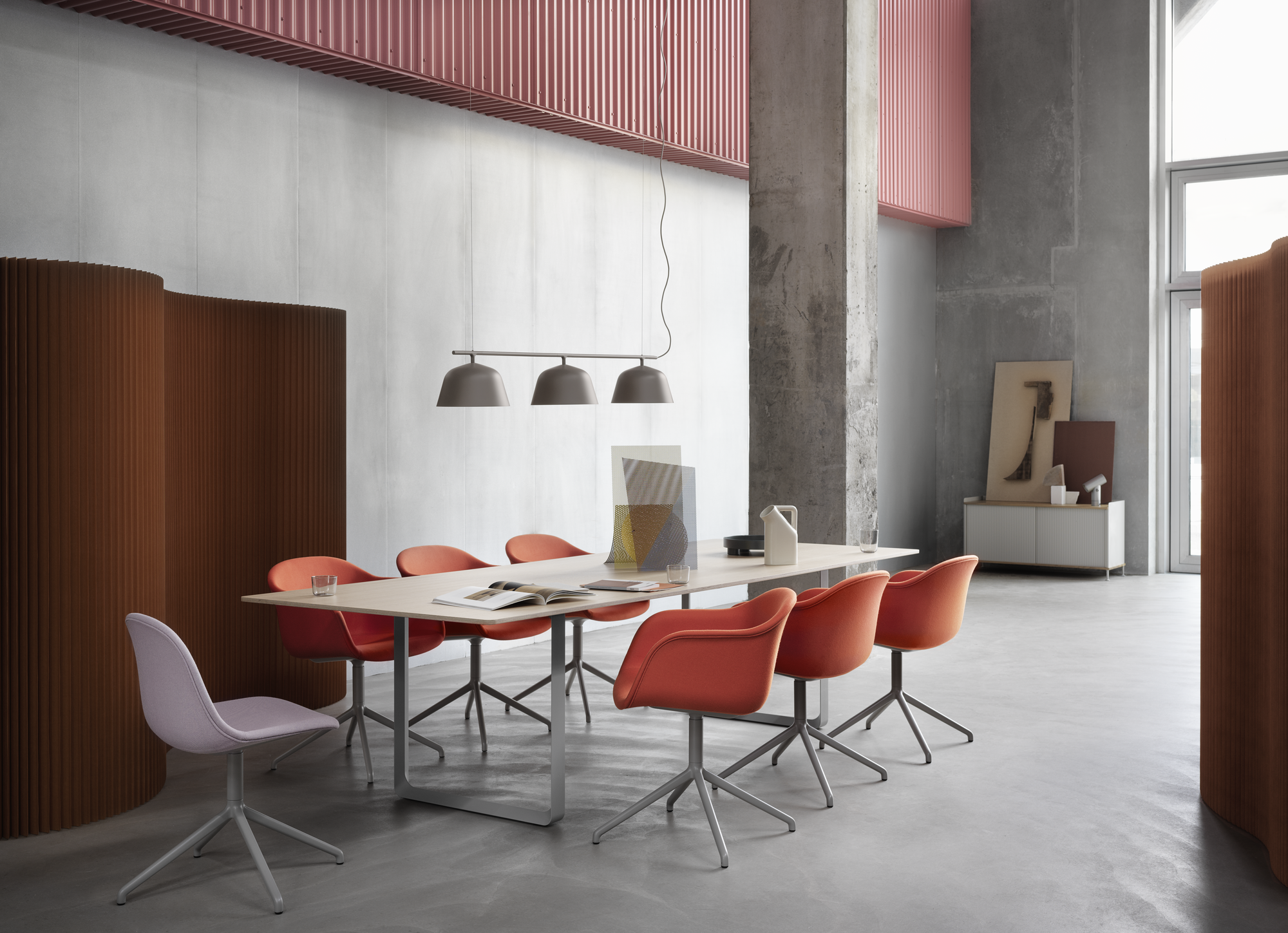 Fiber Armchair Swivel Base - Forest Nap 552/Grey, Fiber Side Chair Swivel Base - Twill Weave 620/Grey, 70/70 Table - Oak/Grey, Ambit Rail Lamp - Grey, Tub Jug - Sand, Enfold Sideboard - Grey