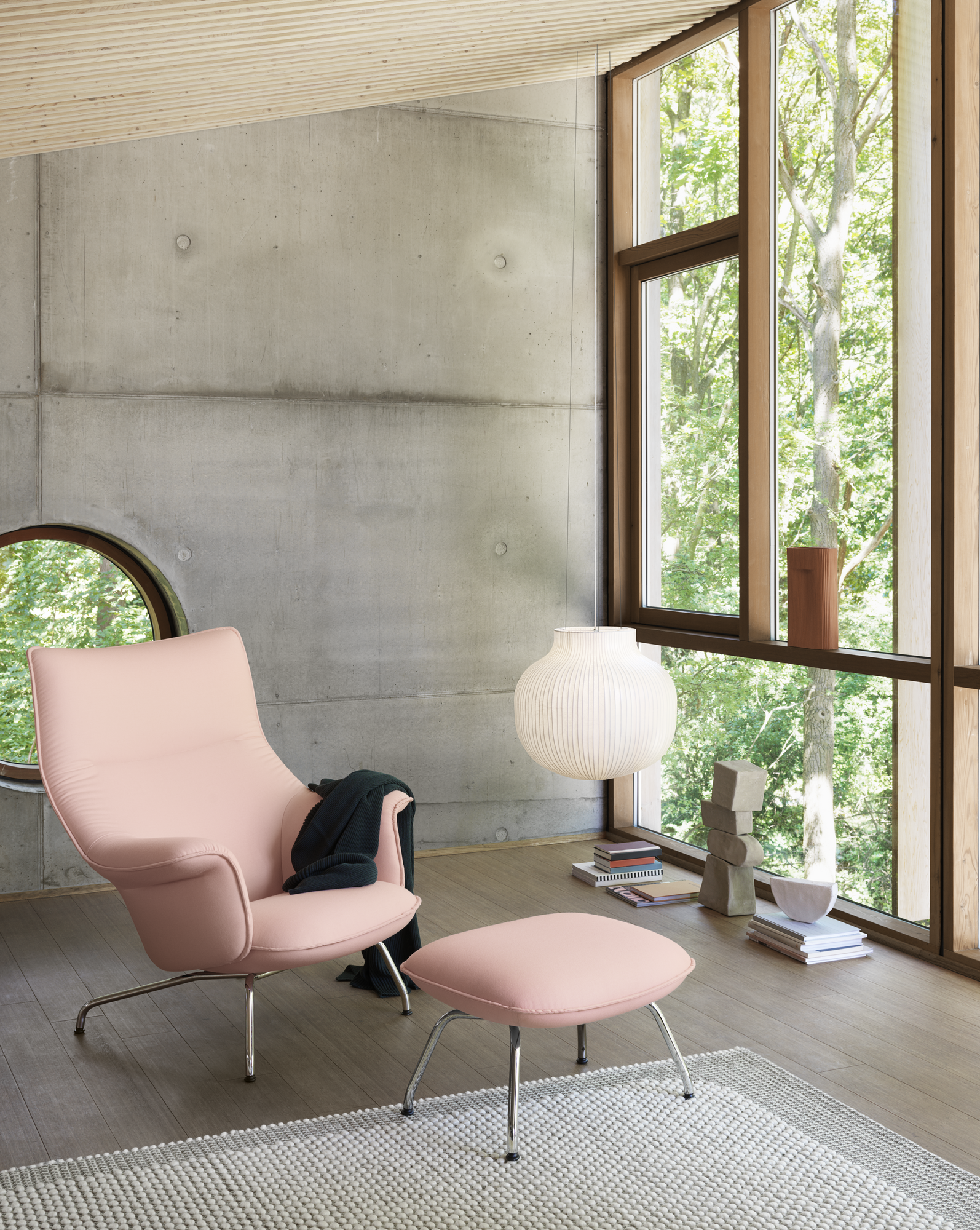 Doze Lounge Chair and Ottoman - Forest Nap 512/Chrome. Strand Pendant Lamp. Ridge Vase - Terracotta. Pebble Rug - Light Grey.