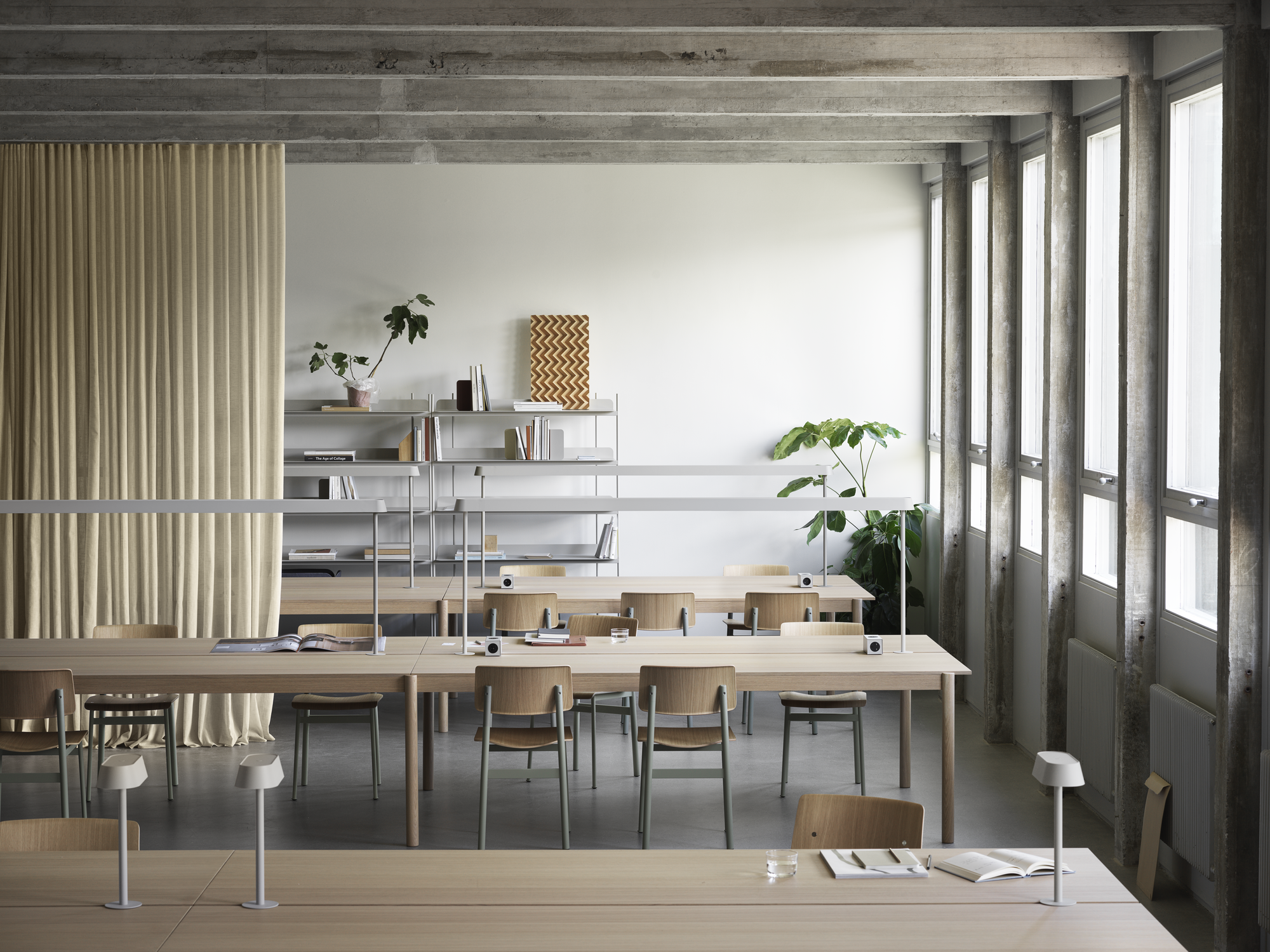 Linear System Modular Table Configuration 1 in Oak, Loft Chair in Dusty Green, Linear Mounted Lamp in Grey, Compile Configuration 8 in Grey