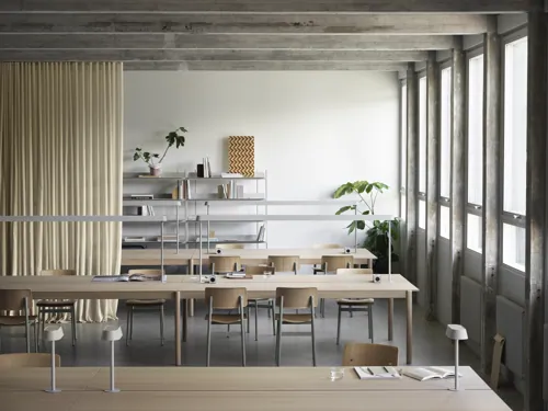 Linear System Modular Table Configuration 1 in Oak, Loft Chair in Dusty Green, Linear Mounted Lamp in Grey, Compile Configuration 8 in Grey