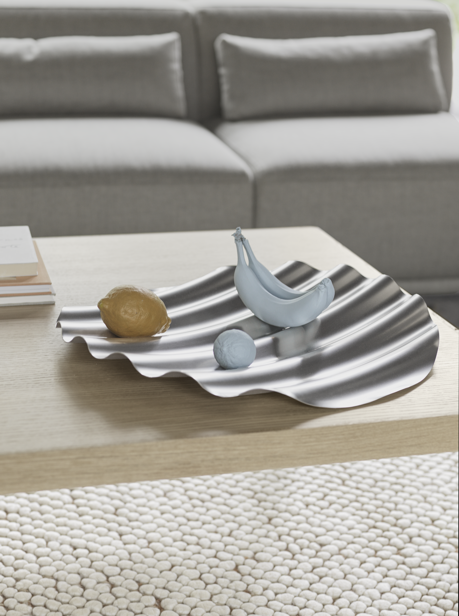 Wave Tray, Workshop Coffee Table Oak, Connect Soft Rewool 128, Pebble Rug Burnt Orange.