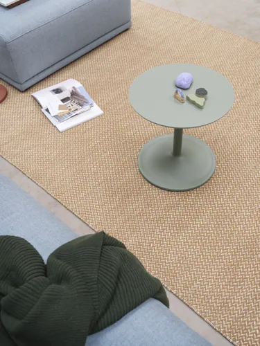 Connect Soft 2-Seater Rewool 718, Soft Side Table Dusty Green Ø41 H40 cm, Ply Rug Burnt Orange 240x170 cm.