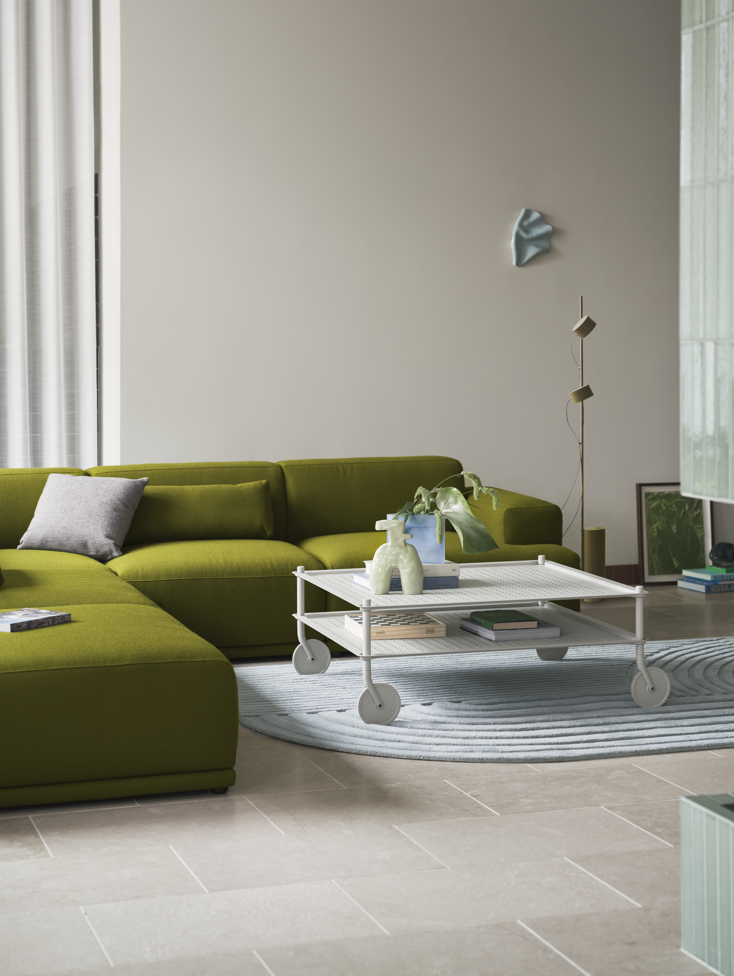 Flow Coffee Table in Grey - Ridge Vase Frosted Glass H16 cm Light Blue - Connect Soft Sofa in Vidar 956 - Relevo Rug in Sage Green