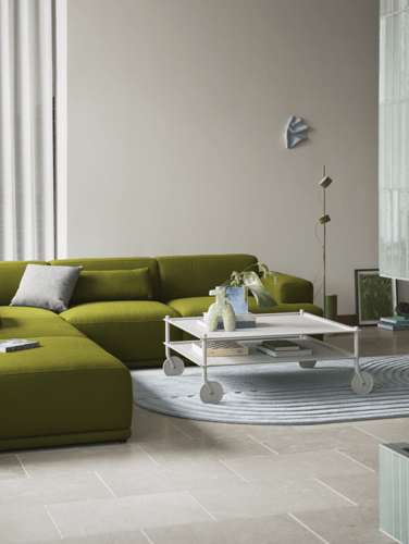 Flow Coffee Table in Grey - Ridge Vase Frosted Glass H16 cm Light Blue - Connect Soft Sofa in Vidar 956 - Relevo Rug in Sage Green
