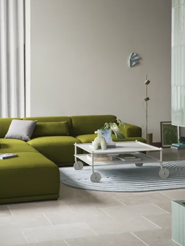Flow Coffee Table in Grey - Ridge Vase Frosted Glass H16 cm Light Blue - Connect Soft Sofa in Vidar 956 - Relevo Rug in Sage Green