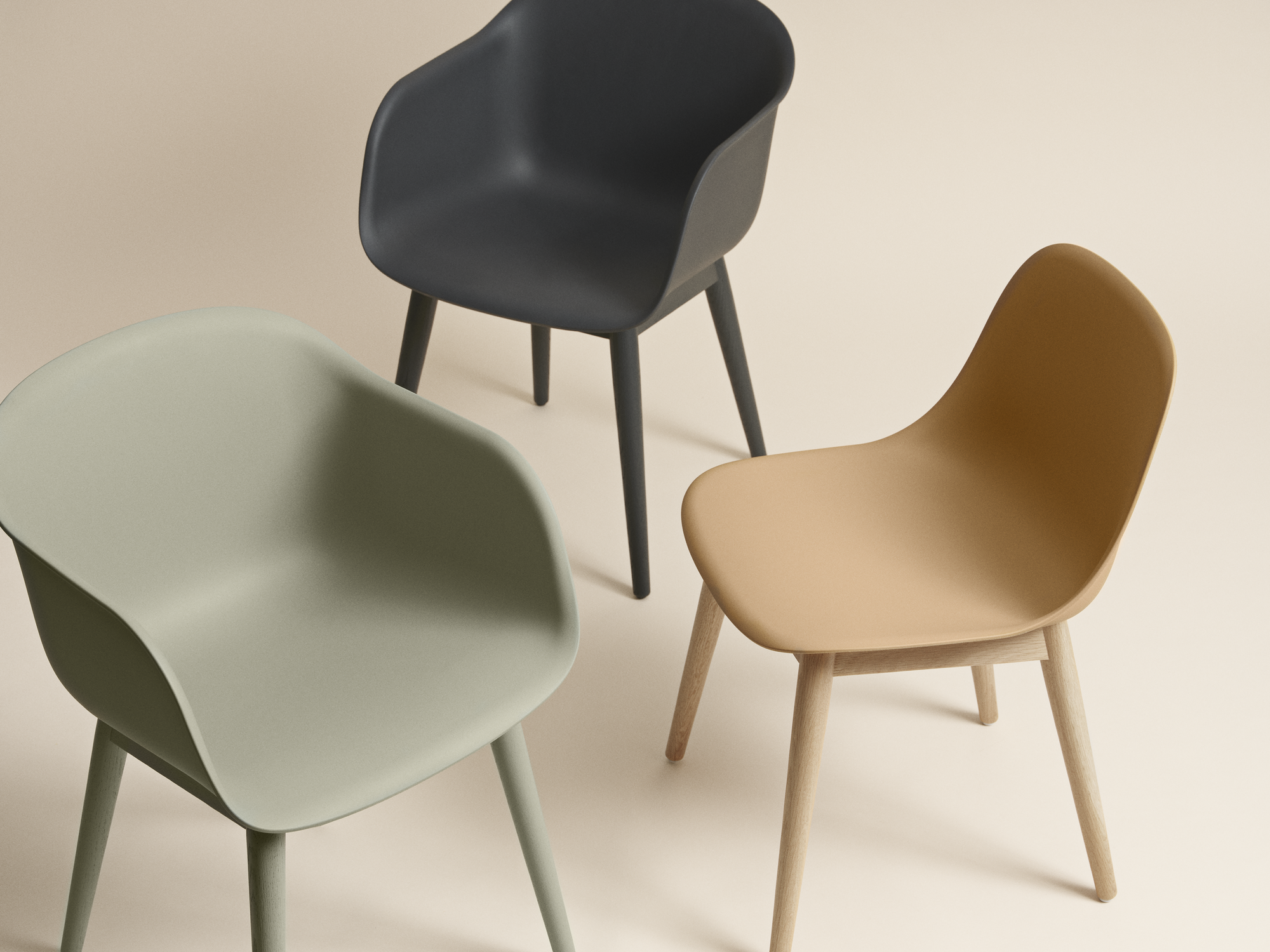 Fiber Armchair Tube Base in Dusty Green. Black & Ochre