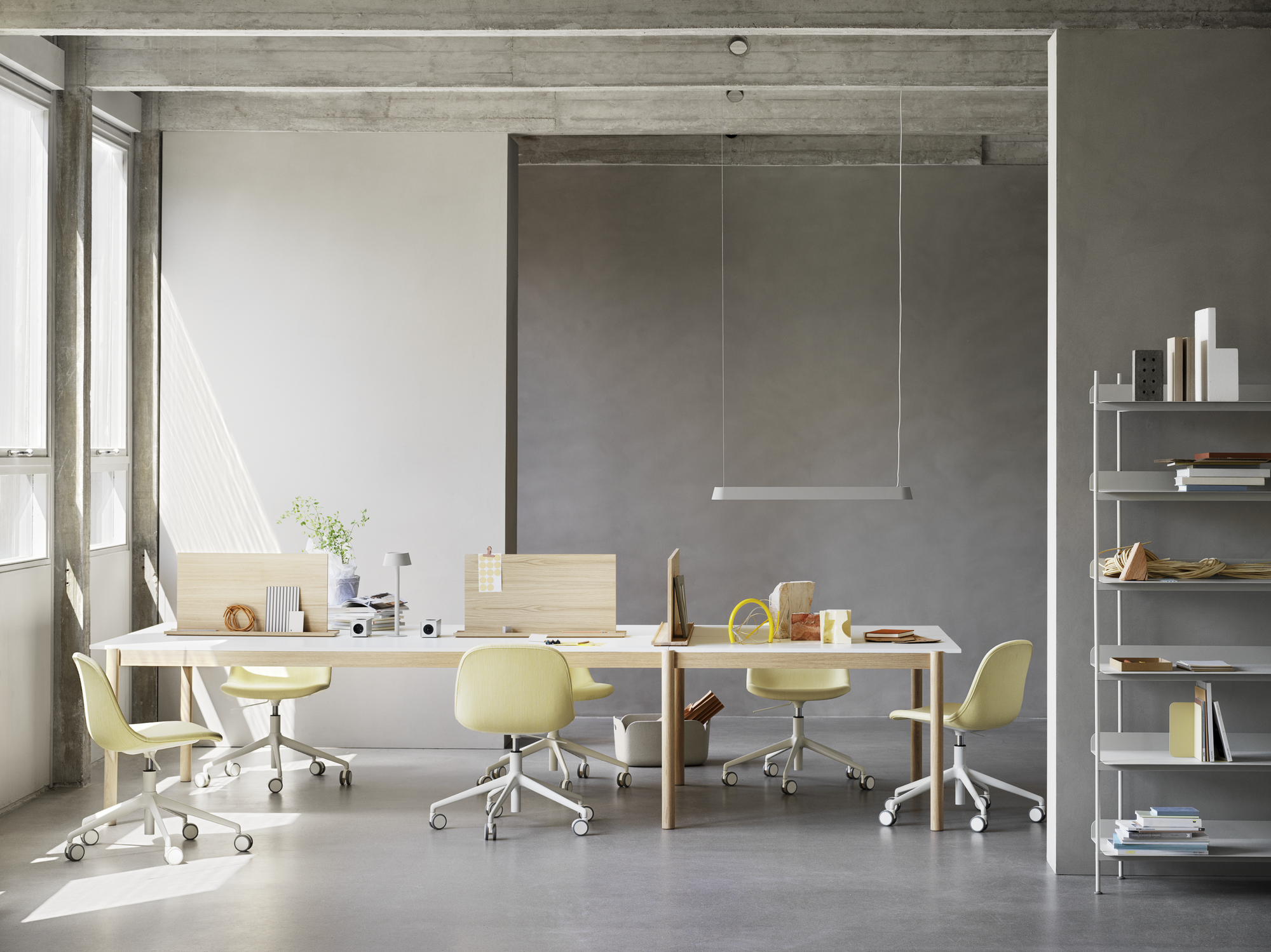 Linear System Modular Table Configuration 1 White/Laminate/Oak, Fiber Side Chair Swivel Base w. Castors in Balder 432, Linear Mounted Lamp in Grey, Linear System Screens, Compile Shelves