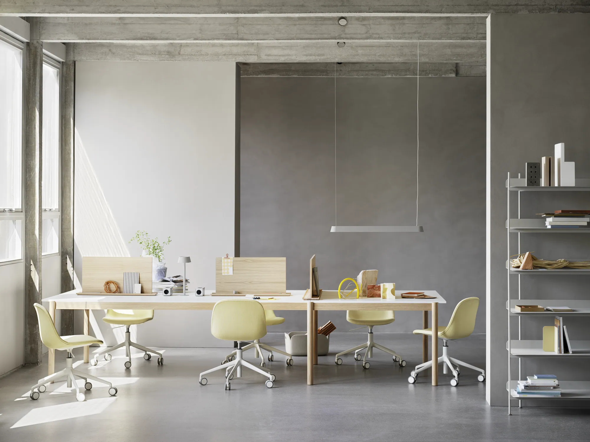 Linear System Modular Table Configuration 1 White/Laminate/Oak, Fiber Side Chair Swivel Base w. Castors in Balder 432, Linear Mounted Lamp in Grey, Linear System Screens, Compile Shelves