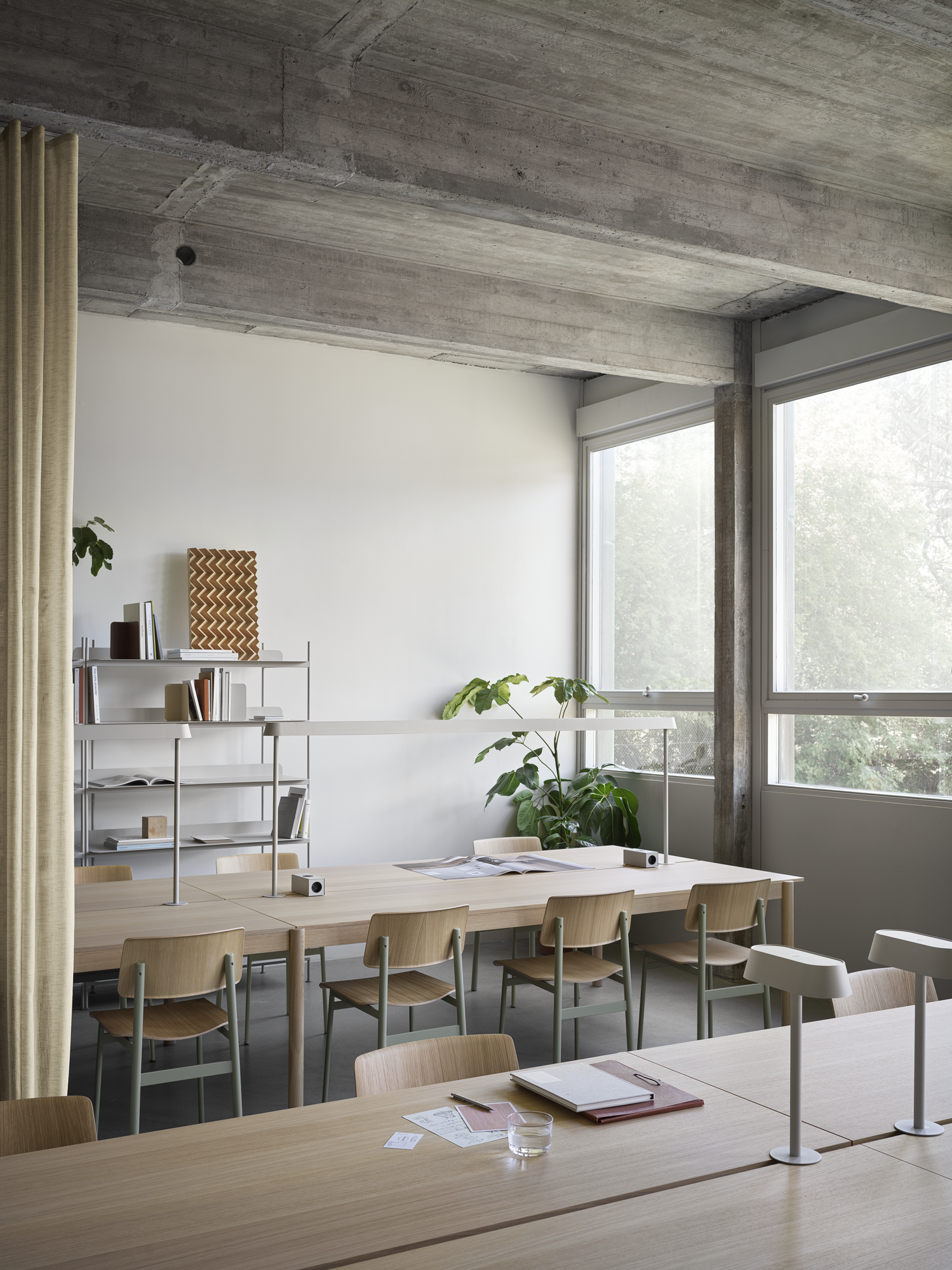 Linear System Modular Table Configuration 1 in Oak, Loft Chair in Dusty Green, Linear Mounted Lamp in Grey, Compile Configuration 8 in Grey