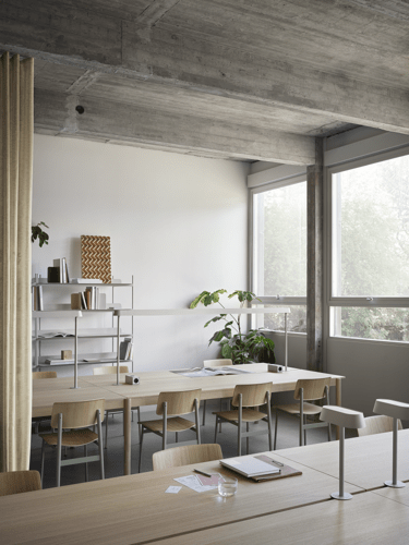 Linear System Modular Table Configuration 1 in Oak, Loft Chair in Dusty Green, Linear Mounted Lamp in Grey, Compile Configuration 8 in Grey