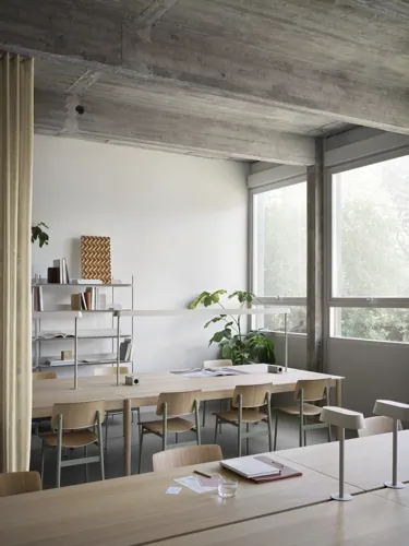 Linear System Modular Table Configuration 1 in Oak, Loft Chair in Dusty Green, Linear Mounted Lamp in Grey, Compile Configuration 8 in Grey