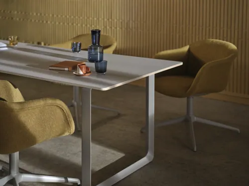 Fiber Soft Armchair Swivel Base in Hearth 8/Grey - 70/70 Table in Grey - Raise Carafe & Glasses in Dark Blue