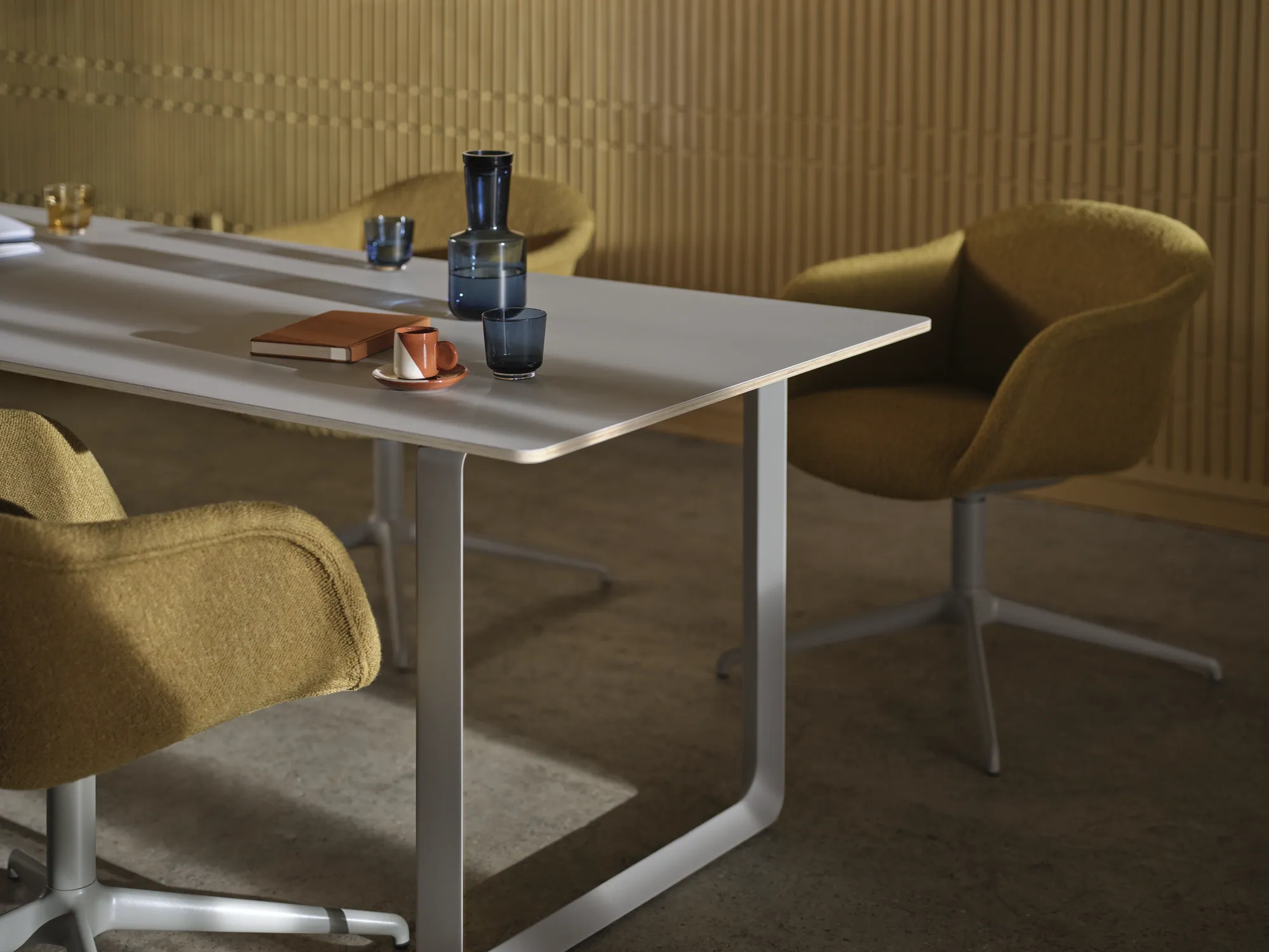 Fiber Soft Armchair Swivel Base in Hearth 8/Grey - 70/70 Table in Grey - Raise Carafe & Glasses in Dark Blue