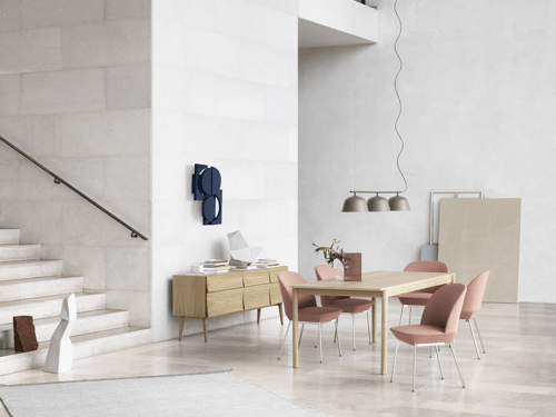 Reflect Sideboard, Oslo Side Chair - Twill Weave 530/Chrome, Linear Wood Table 200 x 90 cm / 78.7 x 33.5, Ambit Rail Lamp - Taupe, Ply Rug - Off-White, Silent vase"