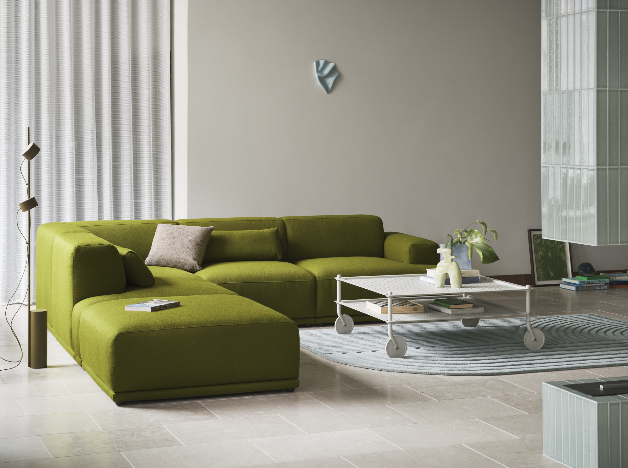 Flow Coffee Table in Grey - Connect Soft Sofa in Vidar 956 - Relevo Rug in Sage Green - Post Floor Lamp in Brown Green - Mingle Cushion