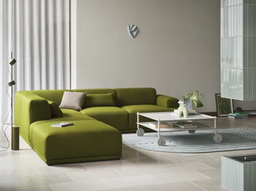 Flow Coffee Table in Grey - Connect Soft Sofa in Vidar 956 - Relevo Rug in Sage Green - Post Floor Lamp in Brown Green - Mingle Cushion