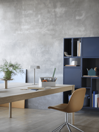 Linear System Modular Table in Oak, Linear Lamp Series, Linear System Tray, Fiber Side Chair Swivel Base in Aluminum & Cognac Refine Leather, Stacked Storage System in Midnight Blue