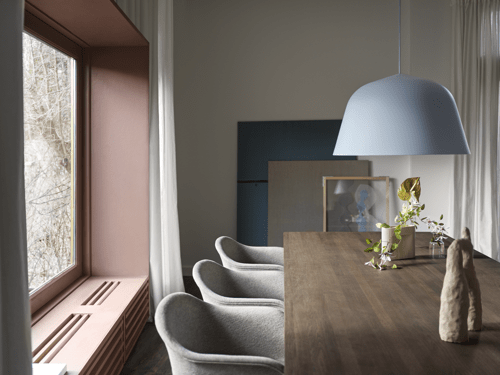 Ambit Ø55 Light Blue, 70/70 Smoked Oak, Fiber Armchair Clay 12, Ridge Vase Wide
