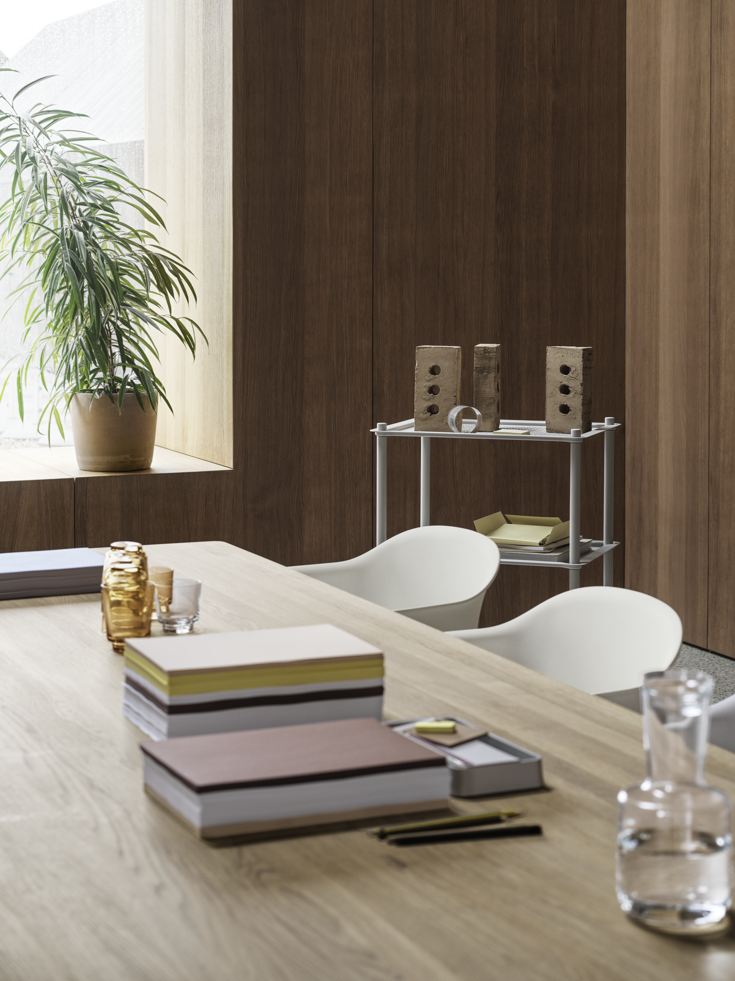 Fiber Armchair in White - 70/70 Table in Solid Oak - Raise Carafe Glasses in Burnt Orange & Clear - Flow Trolley in Grey