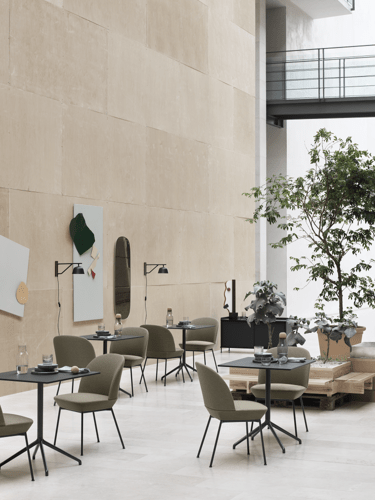 Oslo Side Chair Ocean 21/Anthracite Black, Still Café Table 75 x 65 H:73 Black/Black, Ambit Wall Lamp Black, Corky Carafe