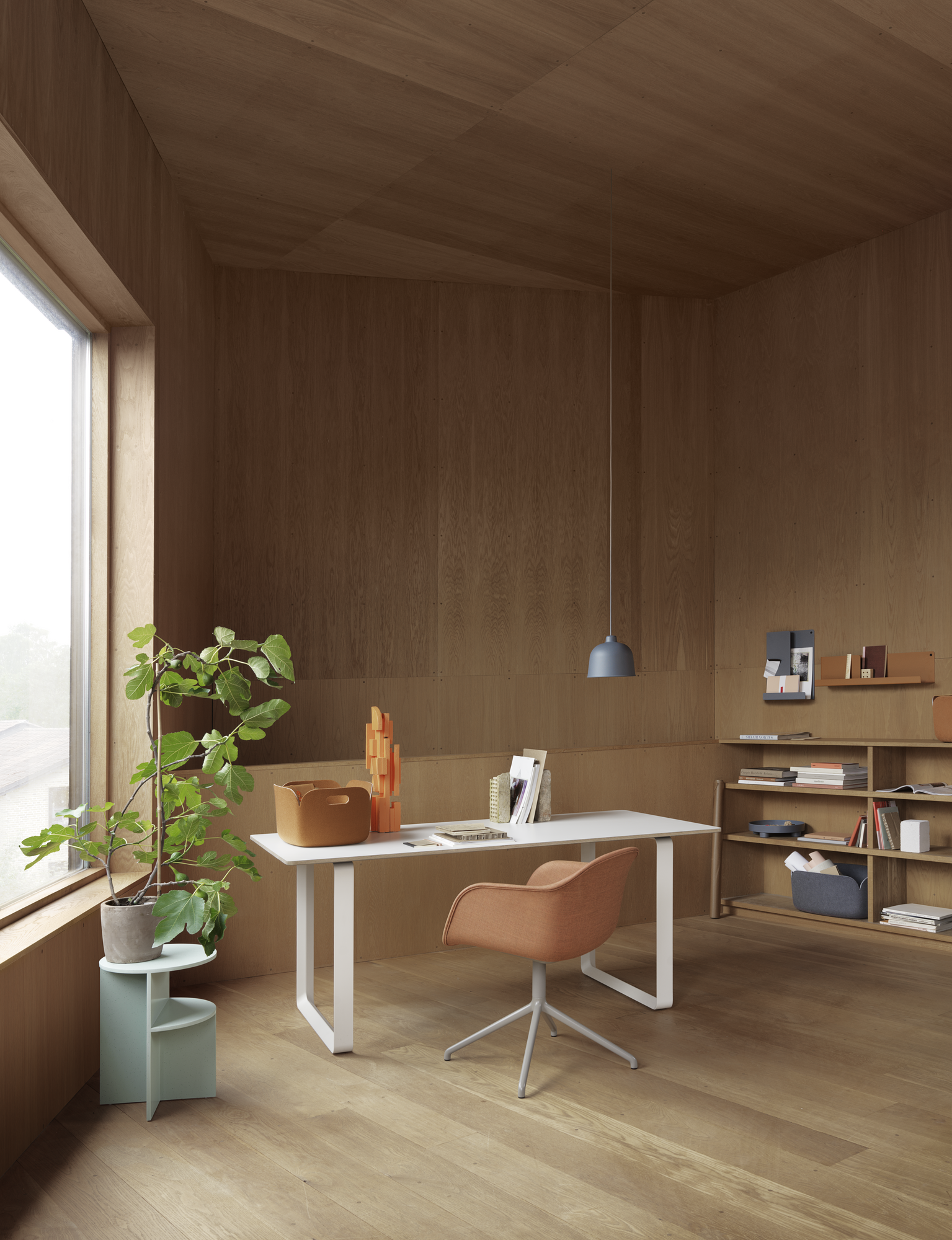 Halves Side Table - Sage Green. 70/70 Table - White/White. Restore Basket - Burnt Orange, Blue-Grey. Fiber Armchair Swivel Base - Remix 452/Grey. Grain Pendant Lamp - Blue-Grey. Folded Shelves - Blue-Grey, Burnt Orange.