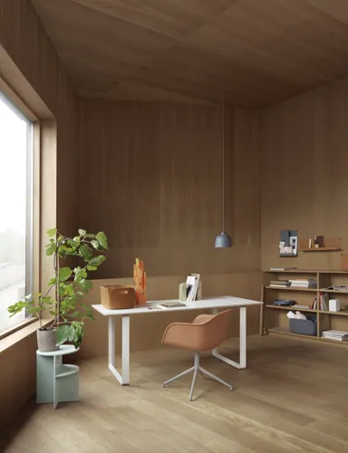 Halves Side Table - Sage Green. 70/70 Table - White/White. Restore Basket - Burnt Orange, Blue-Grey. Fiber Armchair Swivel Base - Remix 452/Grey. Grain Pendant Lamp - Blue-Grey. Folded Shelves - Blue-Grey, Burnt Orange.