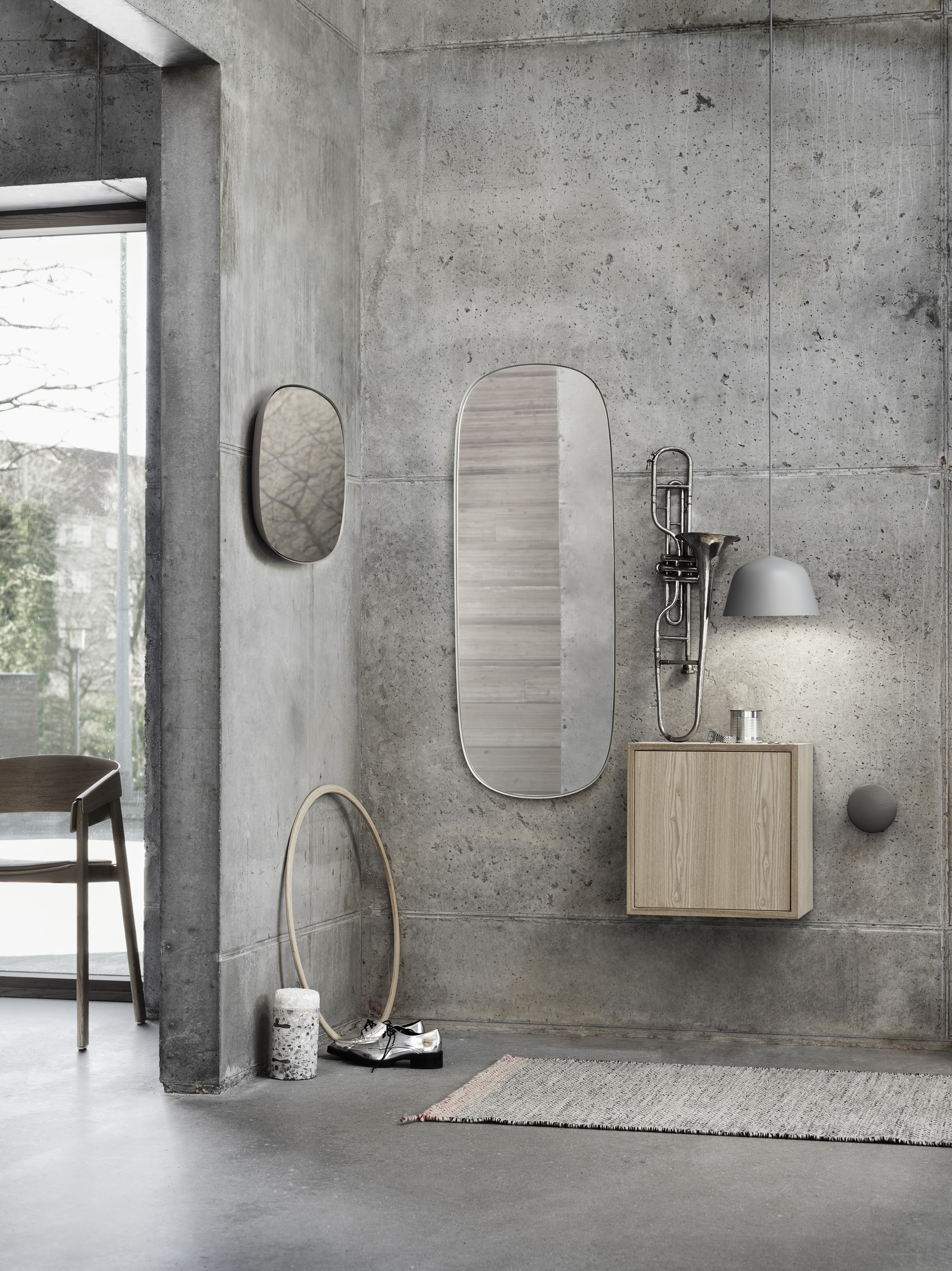 Cover Chair Oak, Ply Rug Black/White, Framed Mirror Grey/Clear, Stacked Medium with Door Oak, Ambit Pendant Lamo Ø25 Grey, Dots Wood Dark Grey