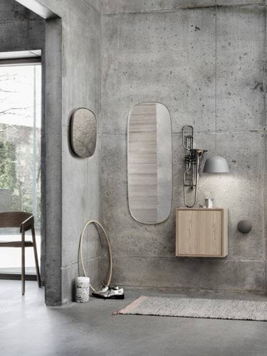 Cover Chair Oak, Ply Rug Black/White, Framed Mirror Grey/Clear, Stacked Medium with Door Oak, Ambit Pendant Lamo Ø25 Grey, Dots Wood Dark Grey