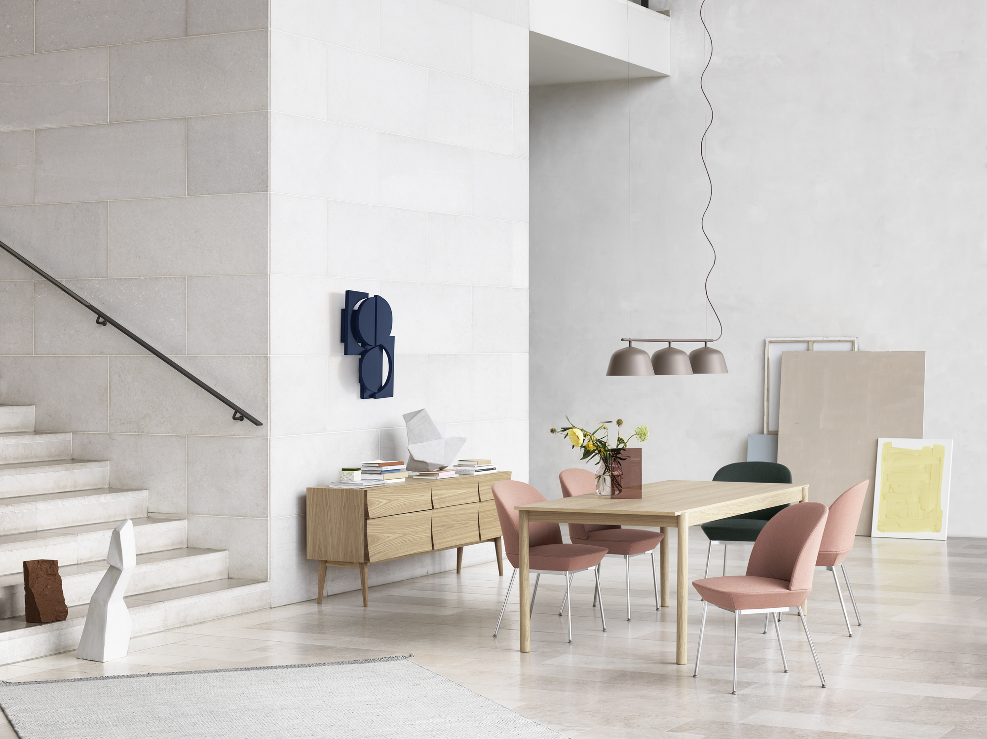 Reflect Sideboard, Oslo Side Chair - Twill Weave 530/Chrome, Oslo Side Chair - Twill Weave 990/Chrome,  Linear Wood Table 200 x 90 cm / 78.7 x 33.5, Ambit Rail Lamp - Taupe, Ply Rug - Off-White, Silent vase"