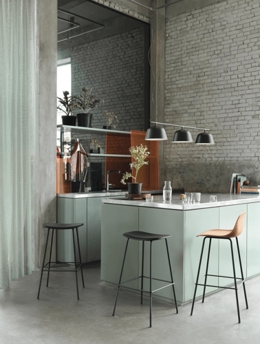 Fiber Counter Stool - Black/Black, Ochre/Black. Ambit Rail Lamp - Black. Corky Seies - Clear.