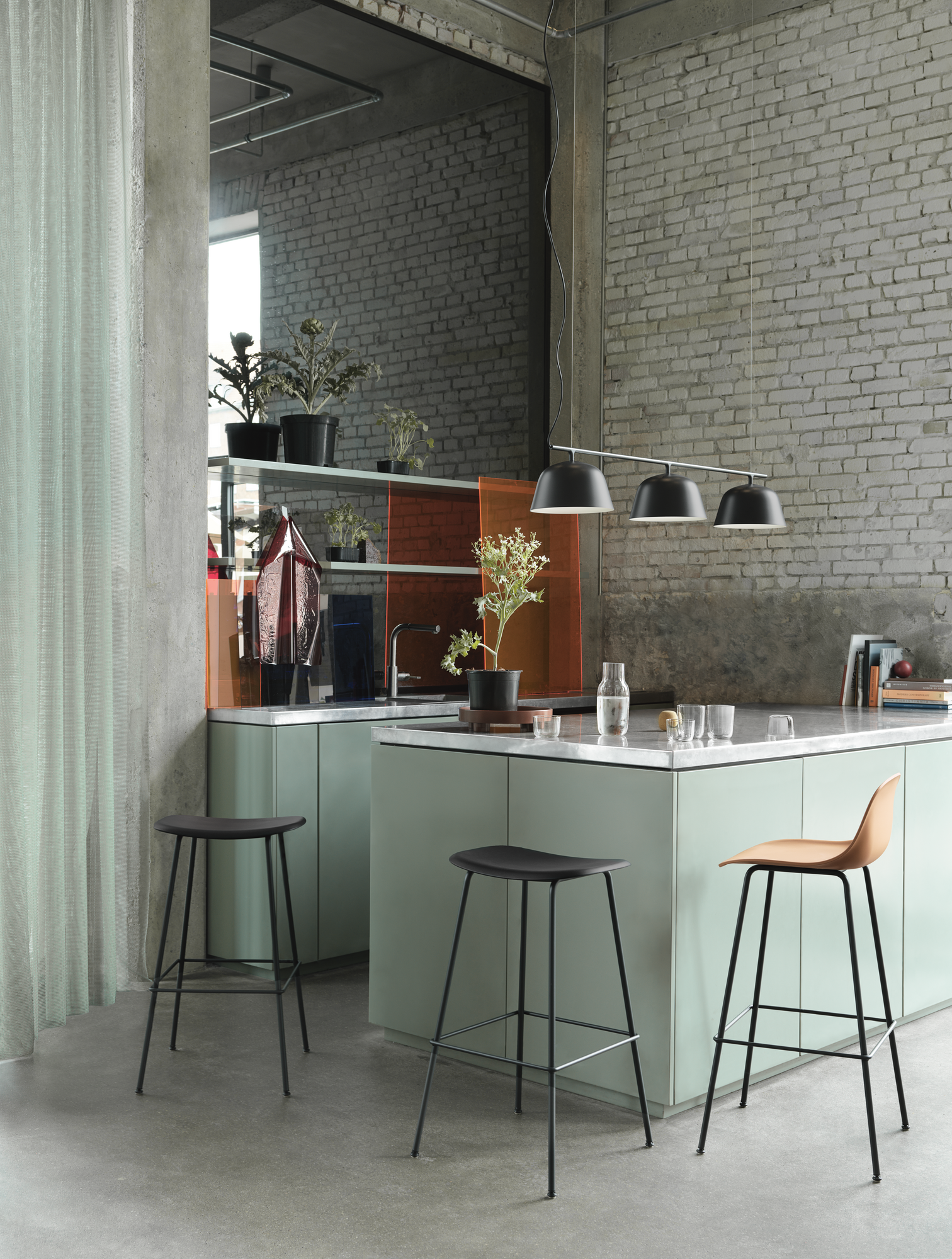 Fiber Counter Stool - Black/Black, Ochre/Black. Ambit Rail Lamp - Black. Corky Seies - Clear.
