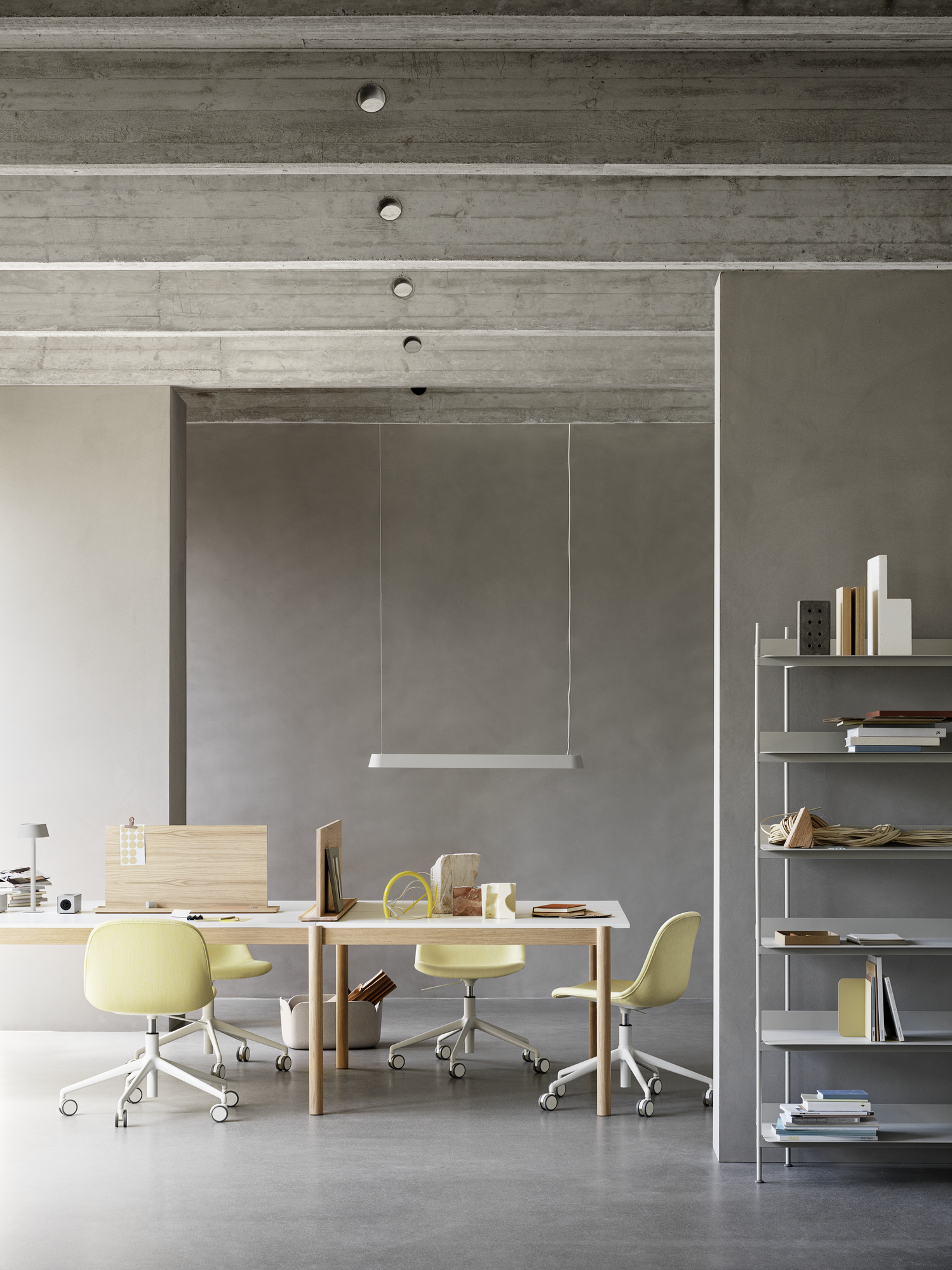 Linear System Modular Table Configuration 1 White/Laminate/Oak, Fiber Side Chair Swivel Base w. Castors in Balder 432, Linear Mounted Lamp in Grey, Linear System Screens, Compile Shelves
