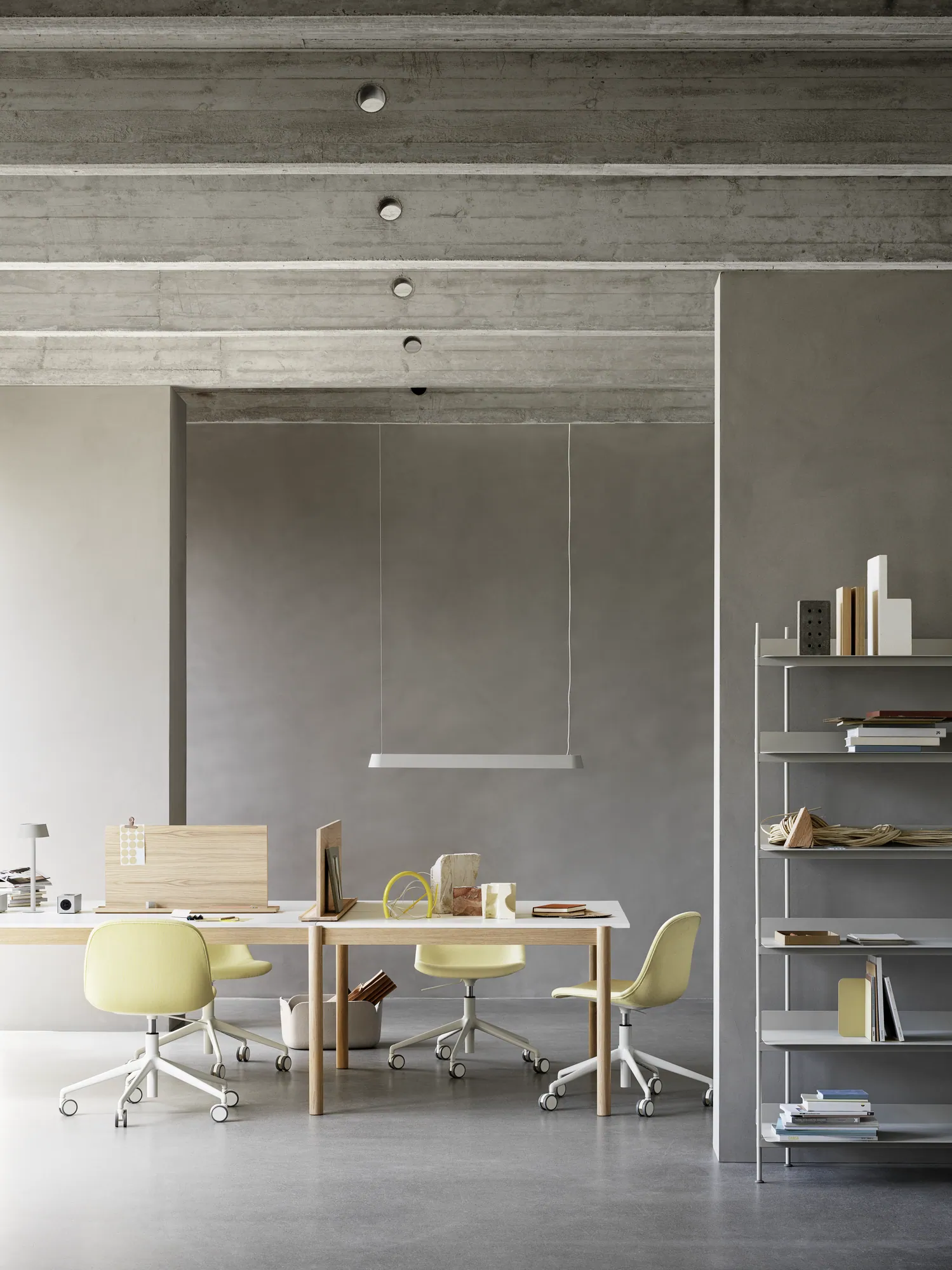 Linear System Modular Table Configuration 1 White/Laminate/Oak, Fiber Side Chair Swivel Base w. Castors in Balder 432, Linear Mounted Lamp in Grey, Linear System Screens, Compile Shelves
