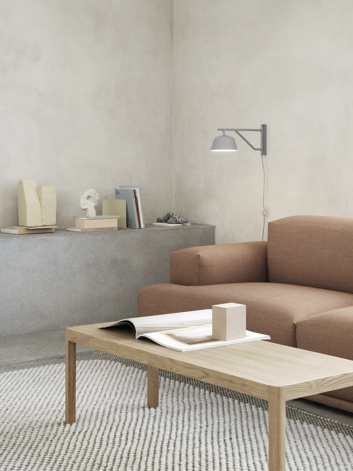 Ambit Wall Lamp Grey, Connect Modular Sofa Remix 252, Workshop Coffee Table Oak, Pebble Rug Light Grey
