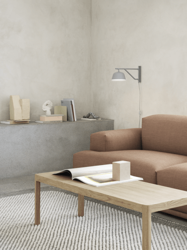 Ambit Wall Lamp Grey, Connect Modular Sofa Remix 252, Workshop Coffee Table Oak, Pebble Rug Light Grey