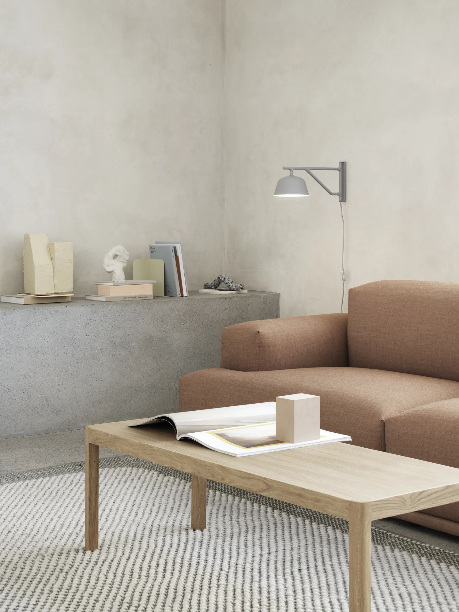 Ambit Wall Lamp Grey, Connect Modular Sofa Remix 252, Workshop Coffee Table Oak, Pebble Rug Light Grey