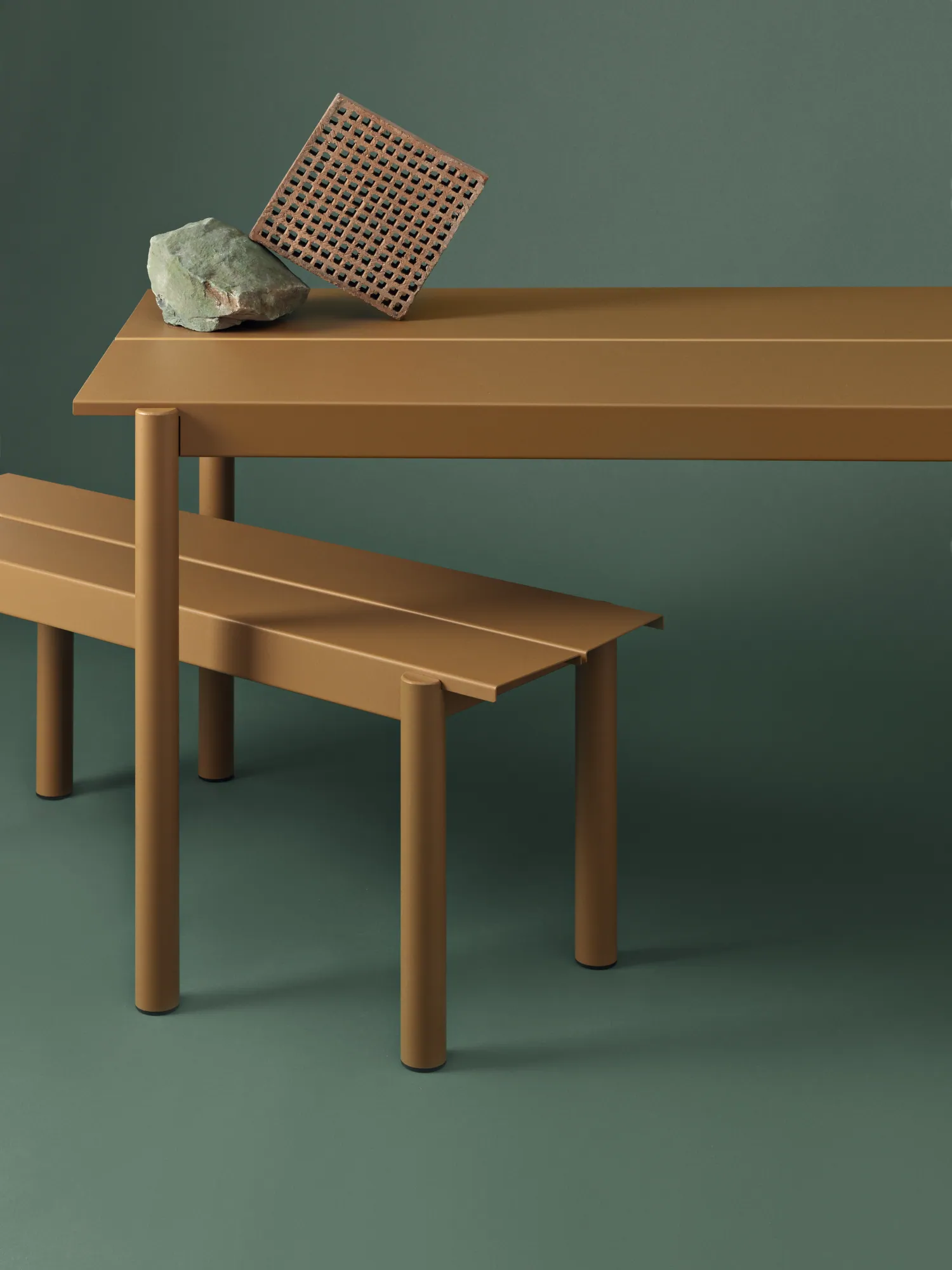 Linear Steel Table and Bench Burnt Orange