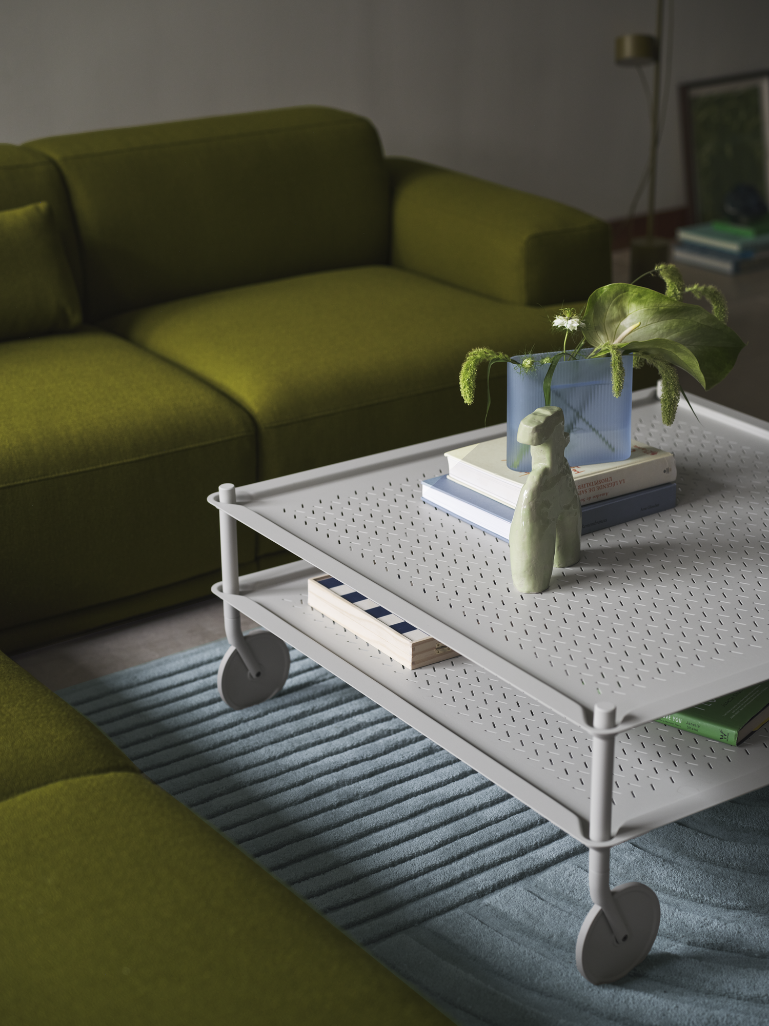 Flow Coffee Table in Grey - Ridge Vase Frosted Glass H16 cm Light Blue - Connect Soft Sofa in Vidar 956 - Relevo Rug in Sage Green