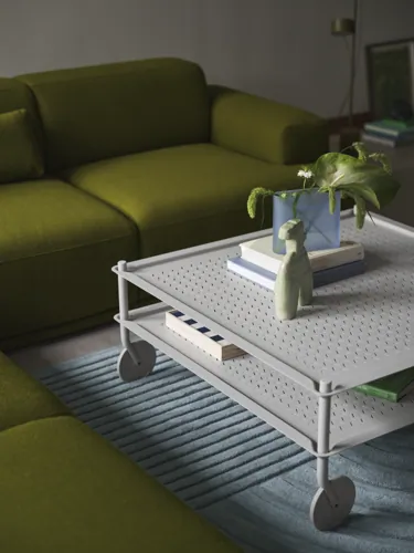 Flow Coffee Table in Grey - Ridge Vase Frosted Glass H16 cm Light Blue - Connect Soft Sofa in Vidar 956 - Relevo Rug in Sage Green