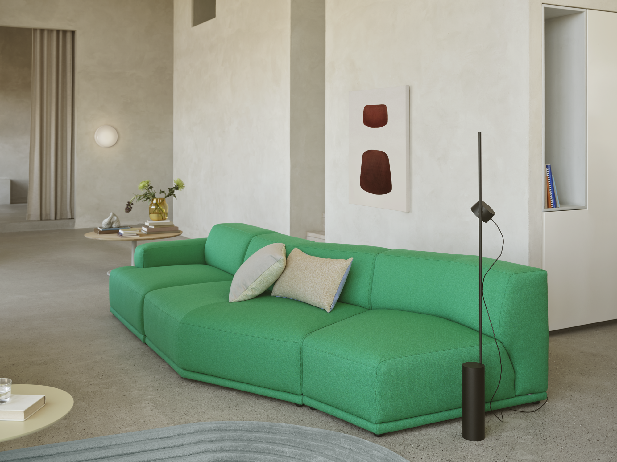 Connect Soft Module J, K, A in Vidar 932 - Post Floor Lamp in Black - Mingle Cushion - Soft Coffee Table in Oak & Grey - Relevo Rug in Sage Green